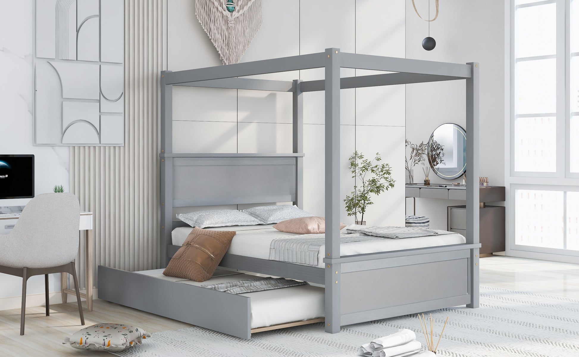 Wood Canopy Bed With Trundle Bed ,Full Size Canopy Platform Bed With Support Slats .No Box Spring Needed, Brushed Gray Gray Solid Wood