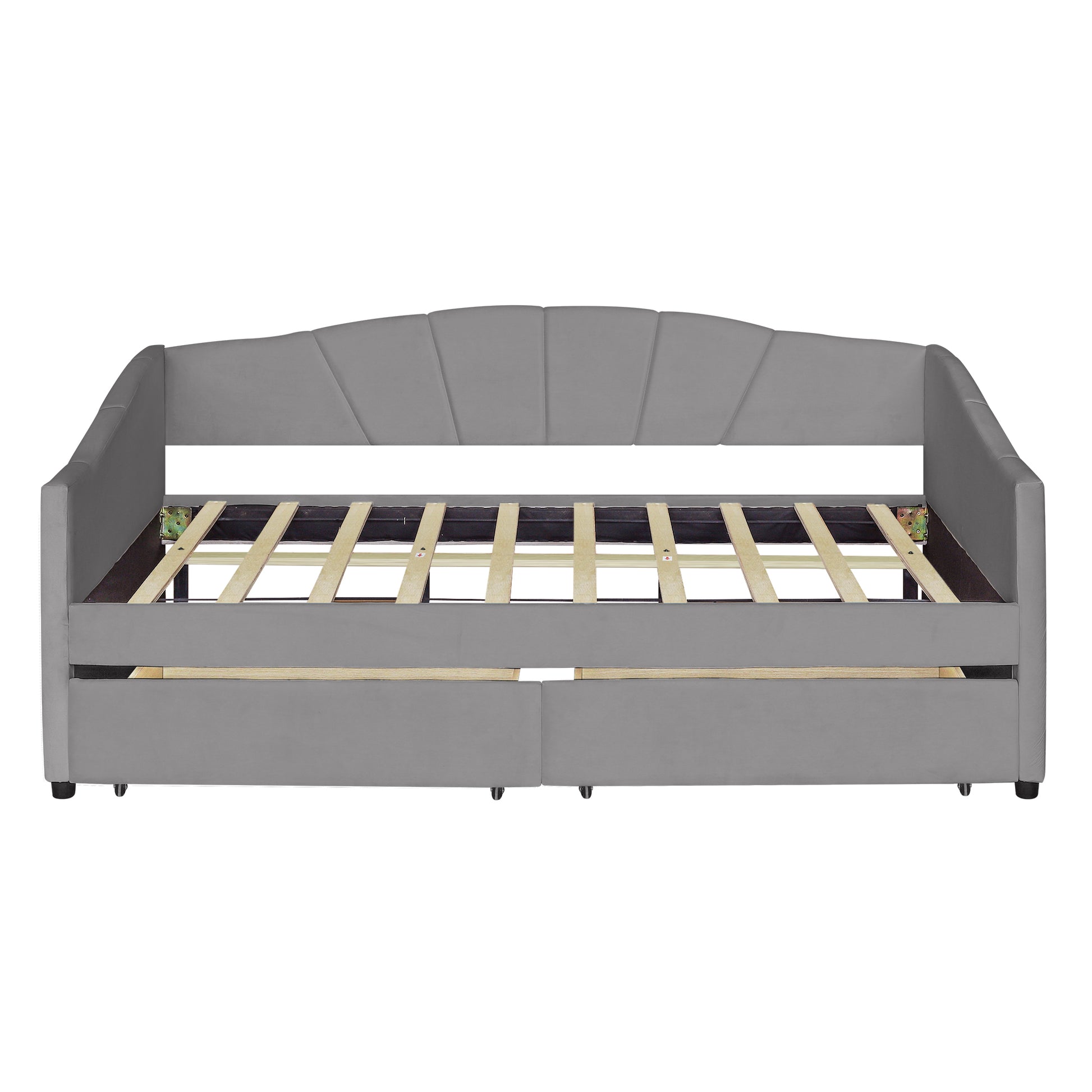 Upholstered Daybed Twin Size With Two Drawers And Wood Slat ,Gray Gray Upholstered