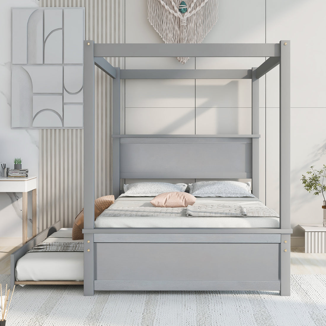 Wood Canopy Bed With Trundle Bed ,Full Size Canopy Platform Bed With Support Slats .No Box Spring Needed, Brushed Gray Gray Solid Wood