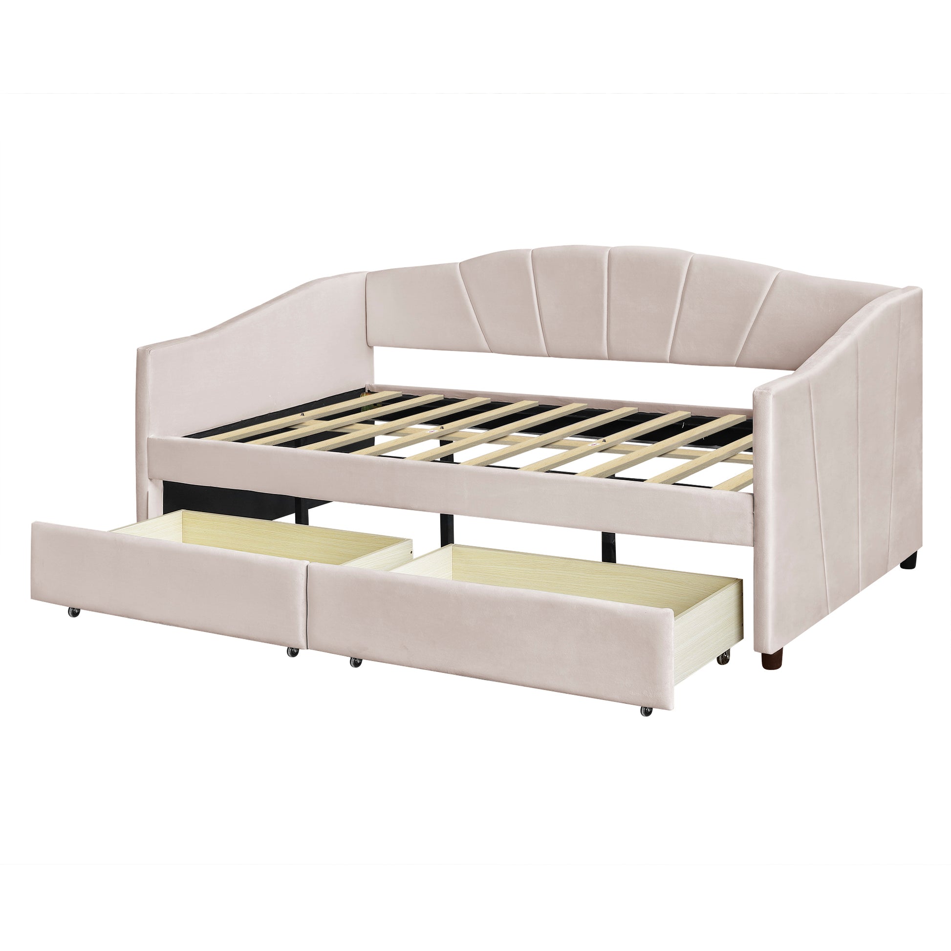 Upholstered Daybed Twin Size With Two Drawers And Wood Slat ,Beige Beige Upholstered