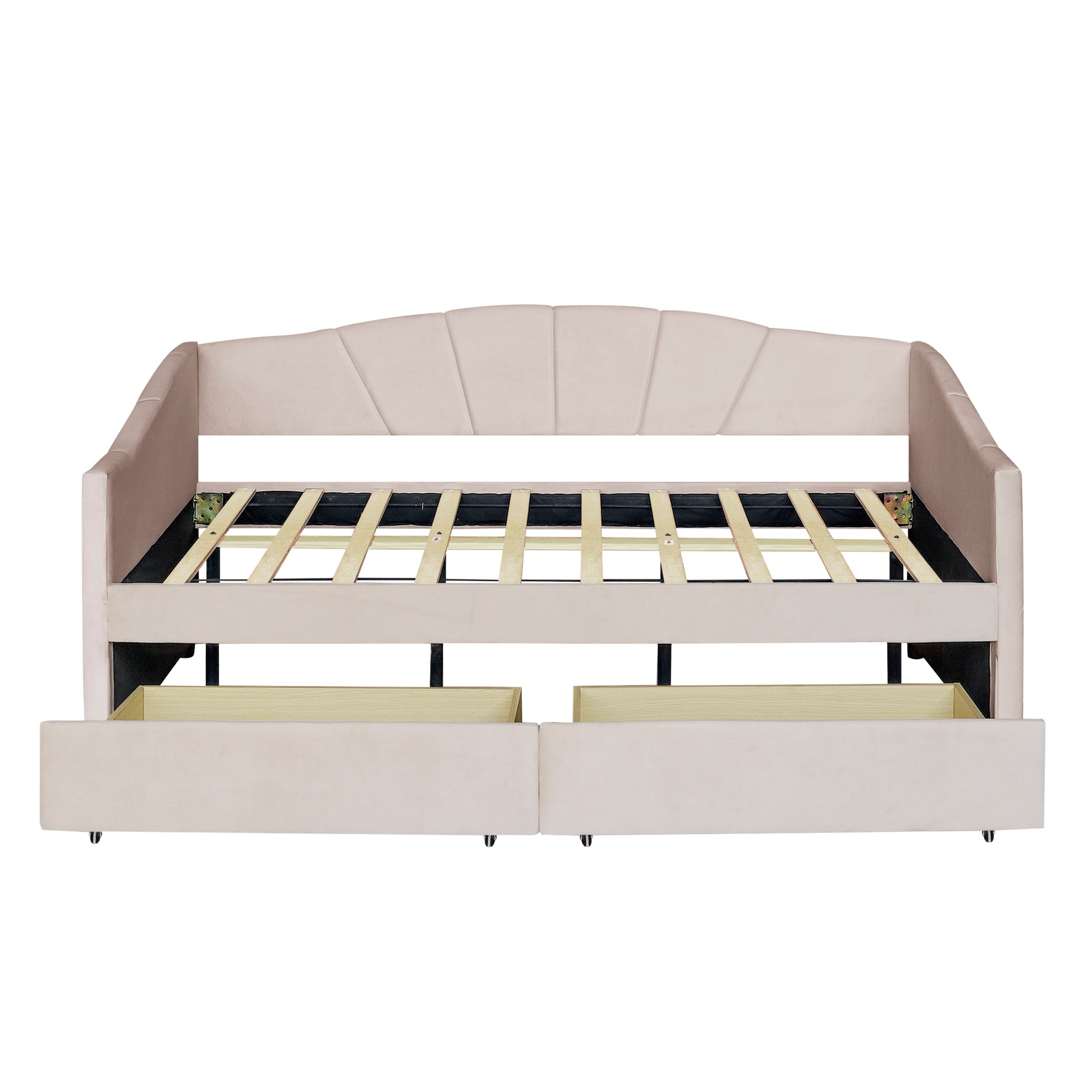 Upholstered Daybed Twin Size With Two Drawers And Wood Slat ,Beige Beige Upholstered