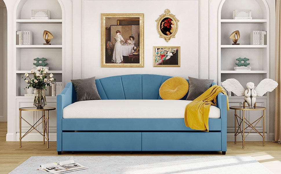 Upholstered Daybed Twin Size With Two Drawers And Wood Slat ,Blue Blue Upholstered