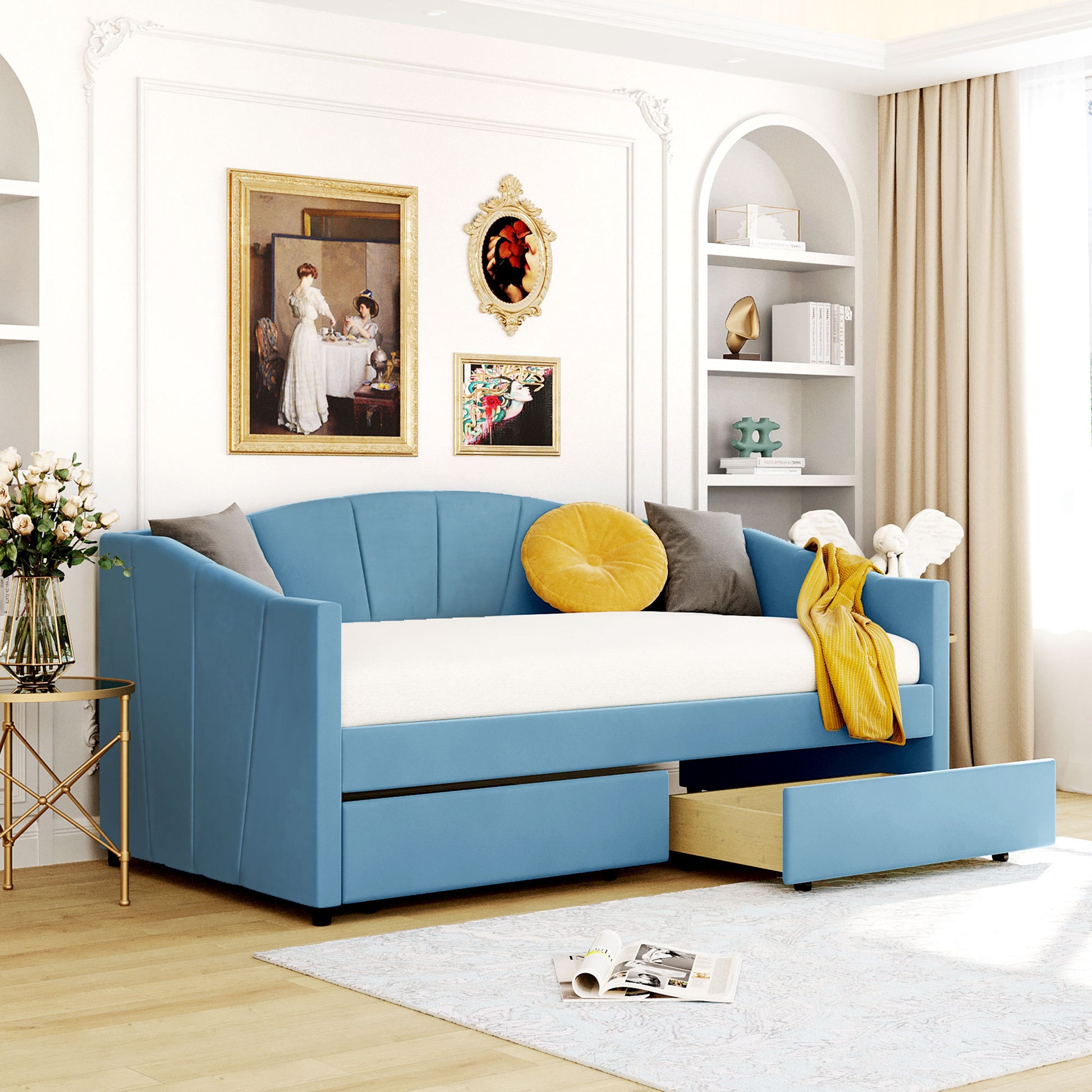 Upholstered Daybed Twin Size With Two Drawers And Wood Slat ,Blue Blue Upholstered