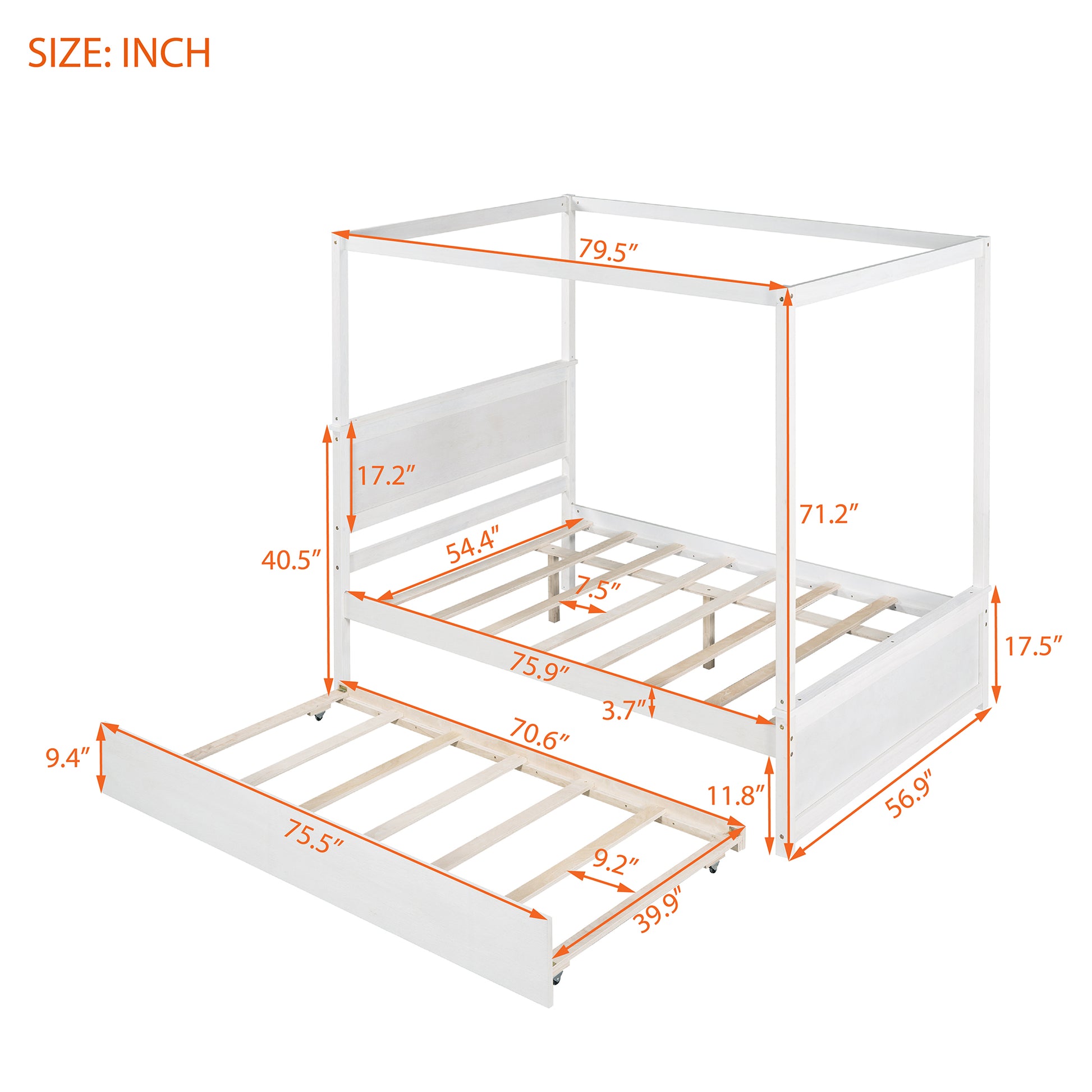 Wood Canopy Bed With Trundle Bed ,Full Size Canopy Platform Bed With Support Slats .No Box Spring Needed, Brushed White White Solid Wood