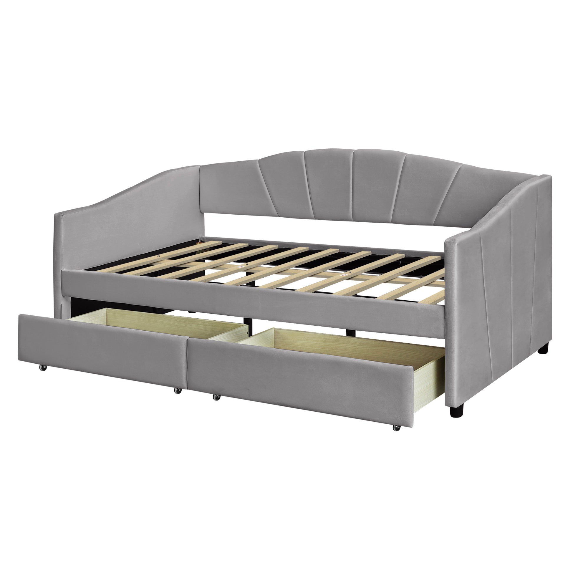 Upholstered Daybed Twin Size With Two Drawers And Wood Slat ,Gray Gray Upholstered