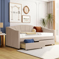 Upholstered Daybed Twin Size With Two Drawers And Wood Slat ,Beige Beige Upholstered