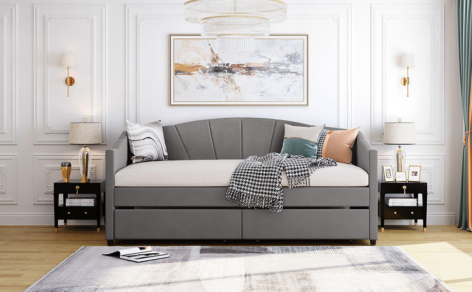 Upholstered Daybed Twin Size With Two Drawers And Wood Slat ,Gray Gray Upholstered