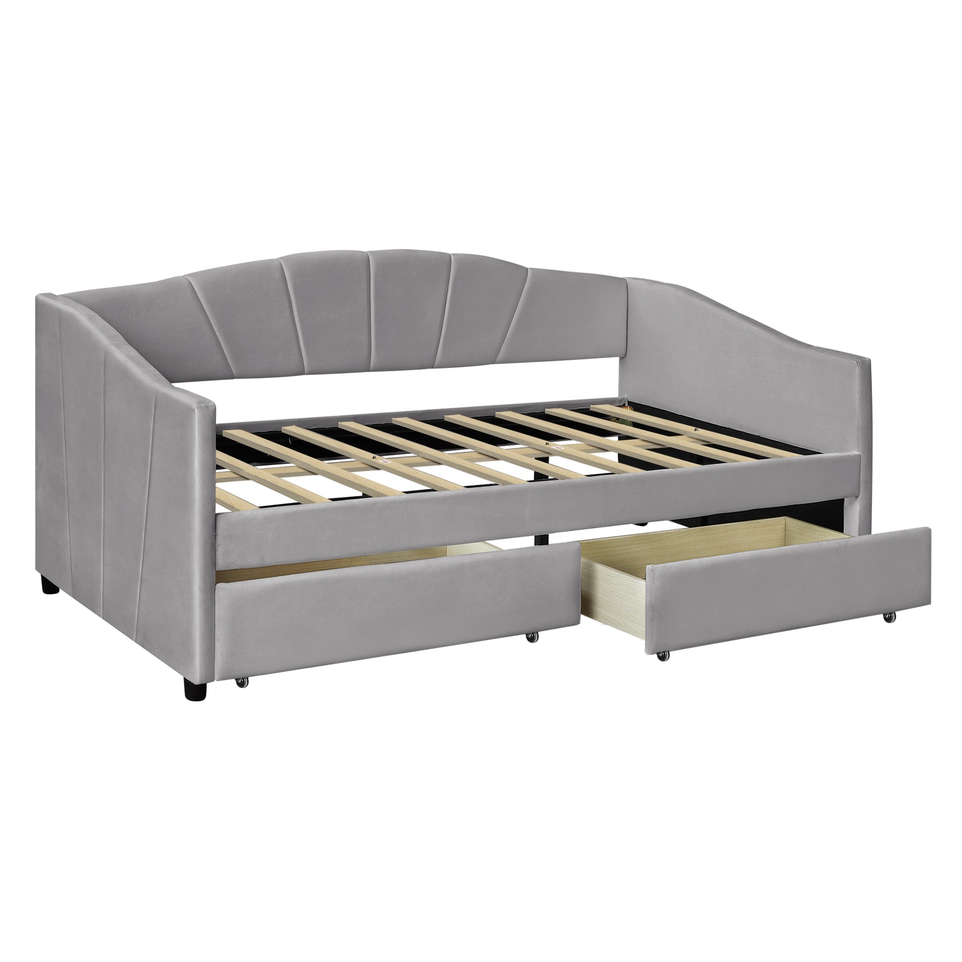 Upholstered Daybed Twin Size With Two Drawers And Wood Slat ,Gray Gray Upholstered