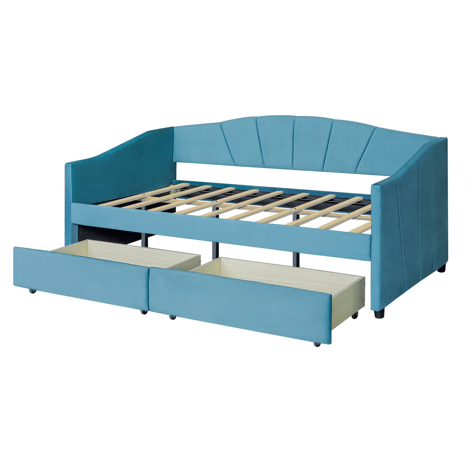 Upholstered Daybed Twin Size With Two Drawers And Wood Slat ,Blue Blue Upholstered