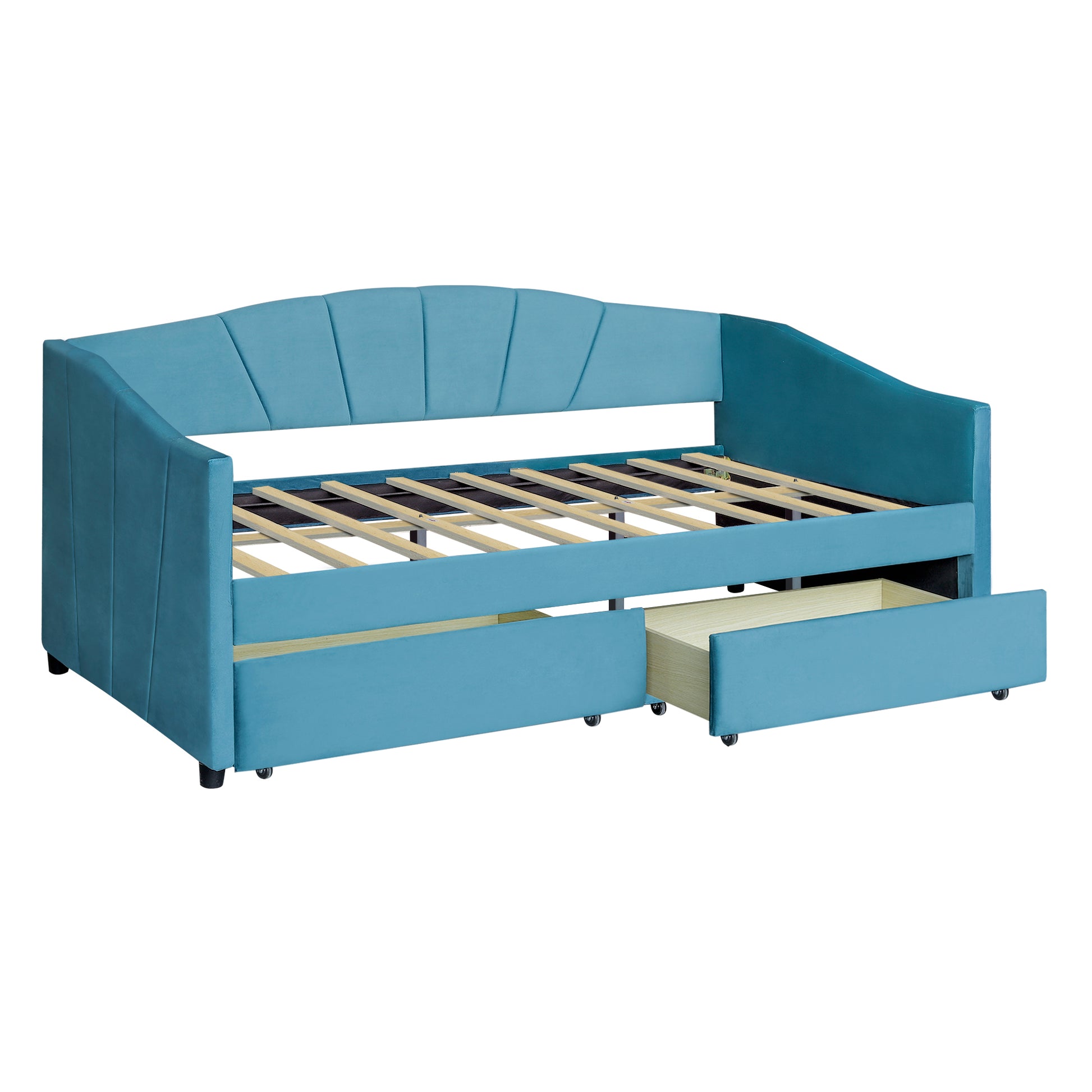 Upholstered Daybed Twin Size With Two Drawers And Wood Slat ,Blue Blue Upholstered