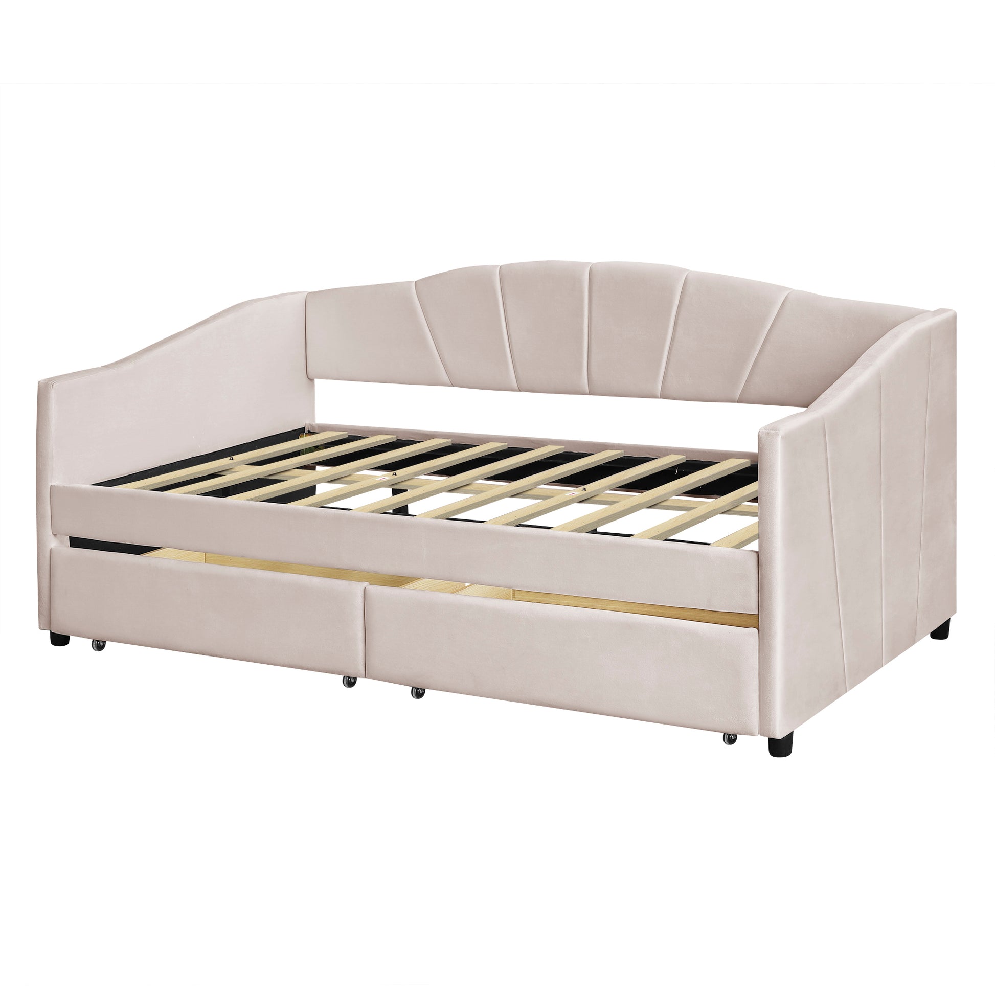 Upholstered Daybed Twin Size With Two Drawers And Wood Slat ,Beige Beige Upholstered