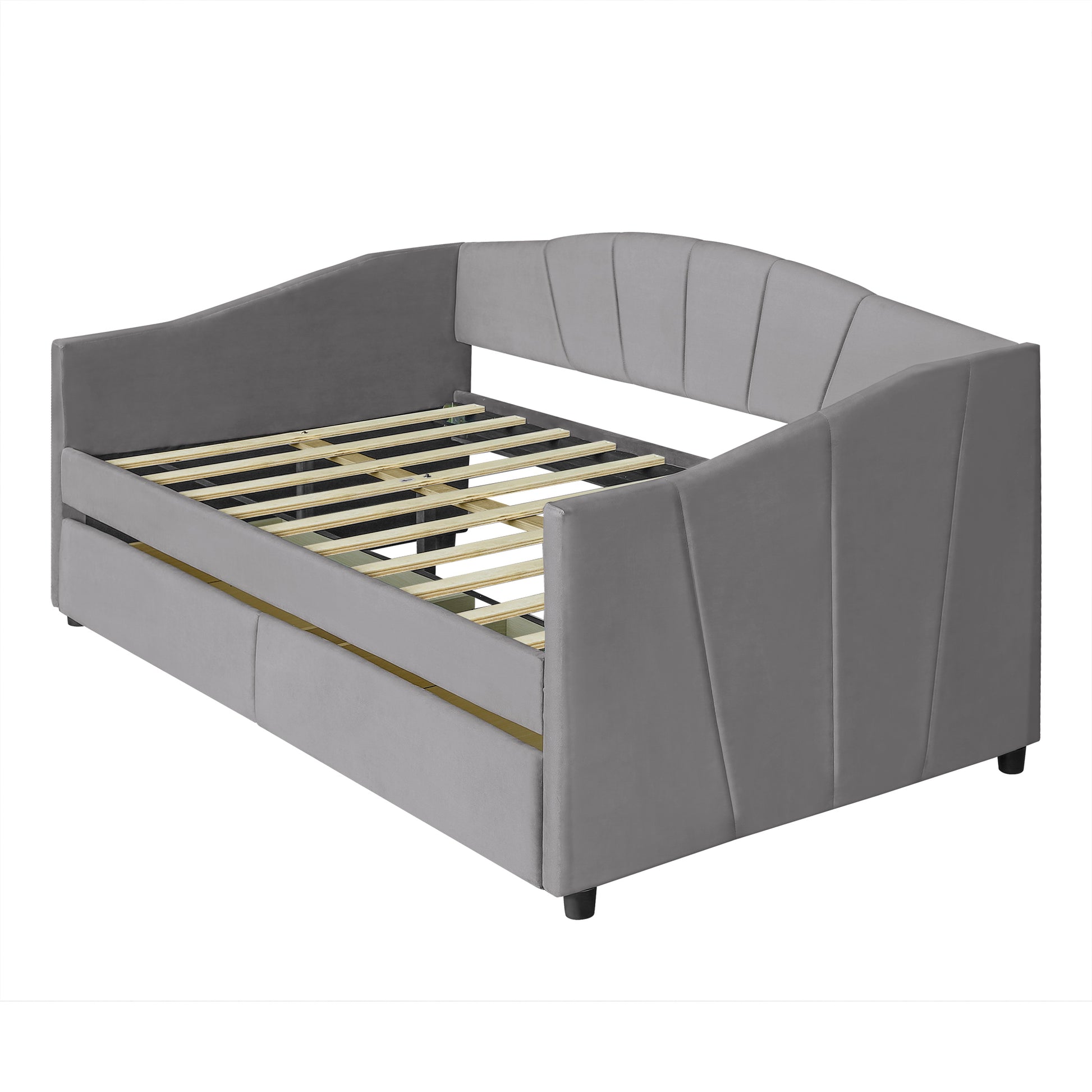 Upholstered Daybed Twin Size With Two Drawers And Wood Slat ,Gray Gray Upholstered