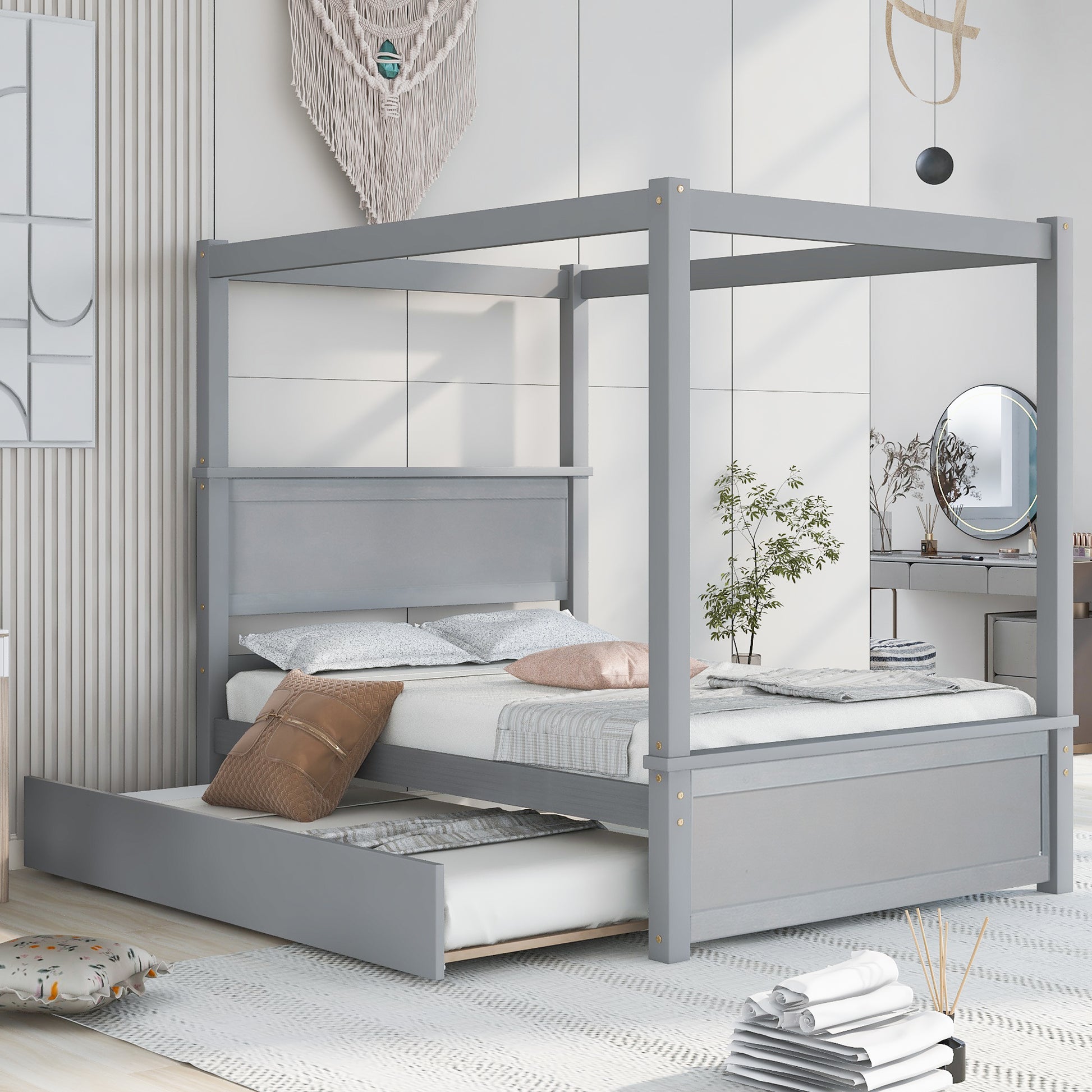 Wood Canopy Bed With Trundle Bed ,Full Size Canopy Platform Bed With Support Slats .No Box Spring Needed, Brushed Gray Gray Solid Wood