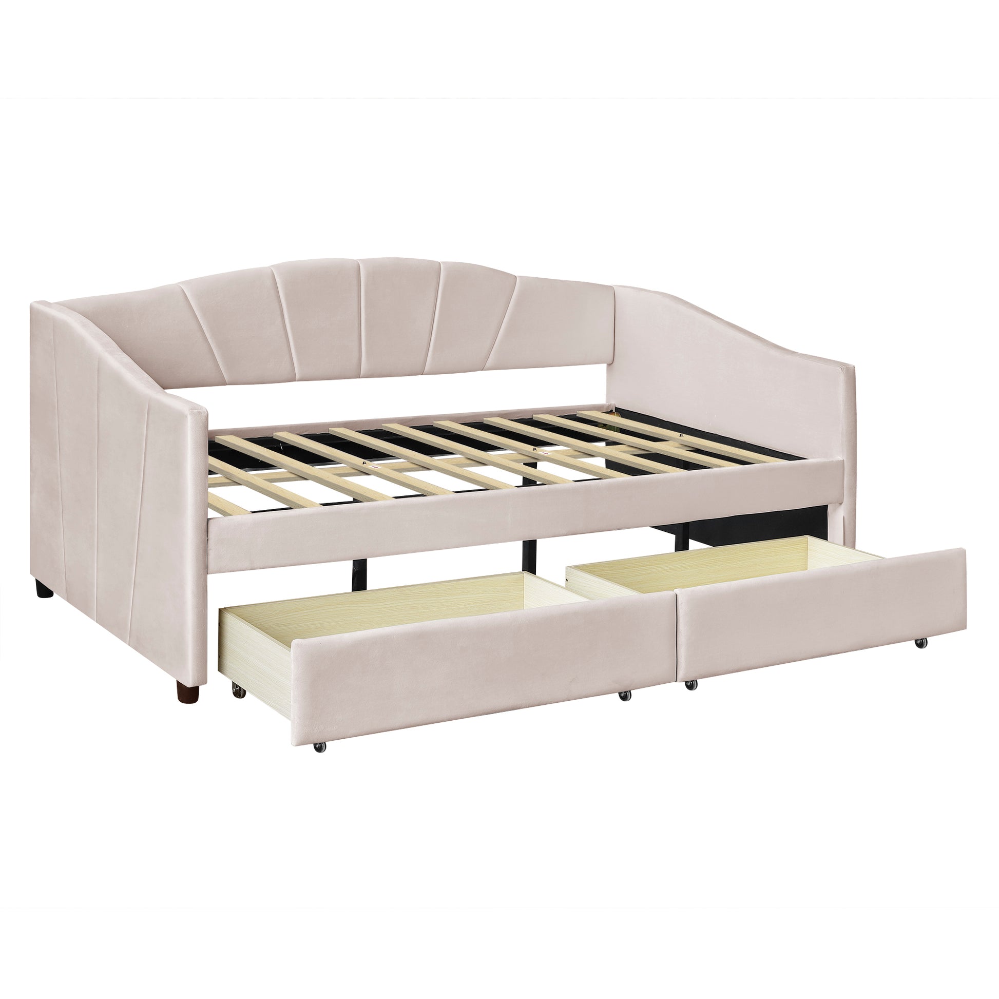 Upholstered Daybed Twin Size With Two Drawers And Wood Slat ,Beige Beige Upholstered