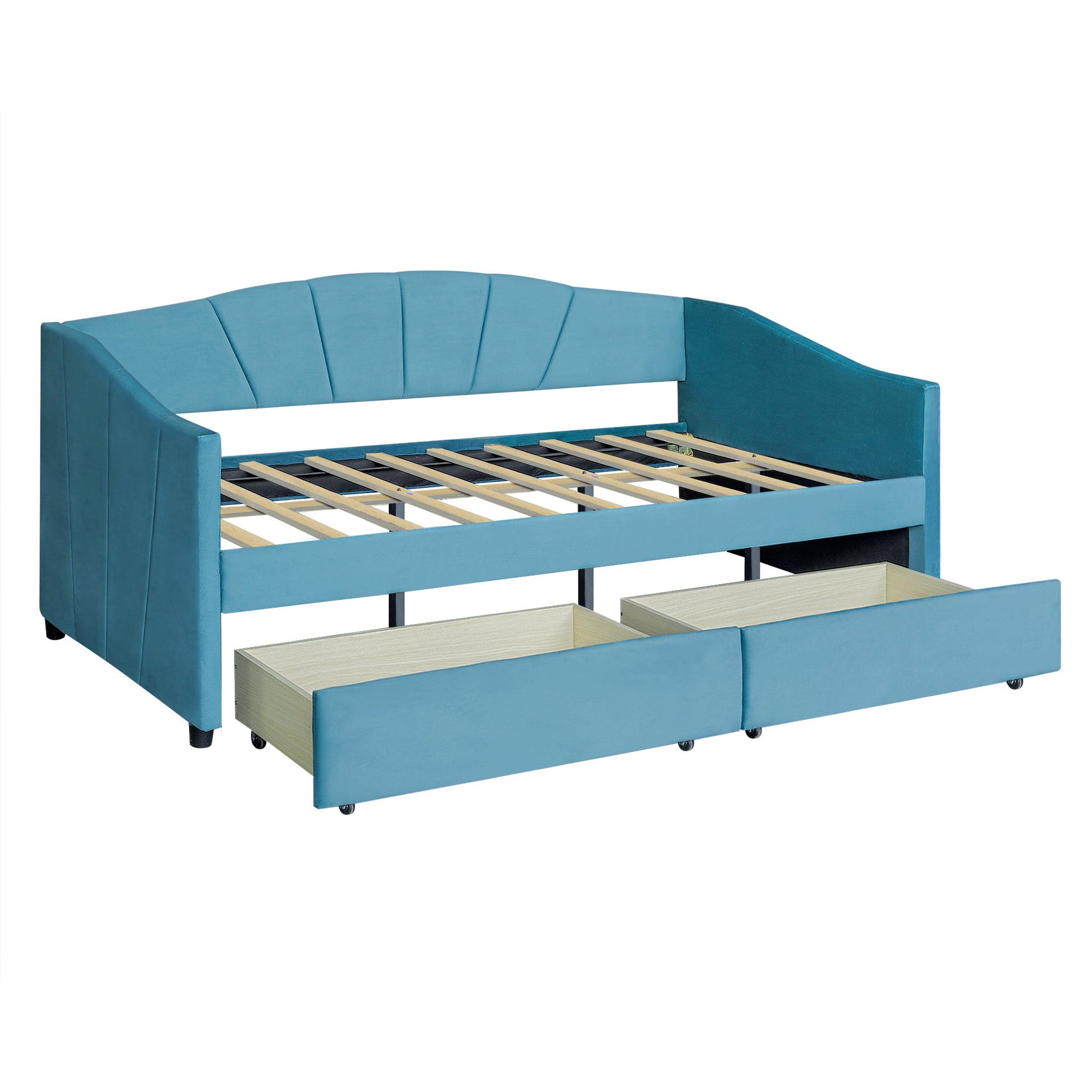 Upholstered Daybed Twin Size With Two Drawers And Wood Slat ,Blue Blue Upholstered