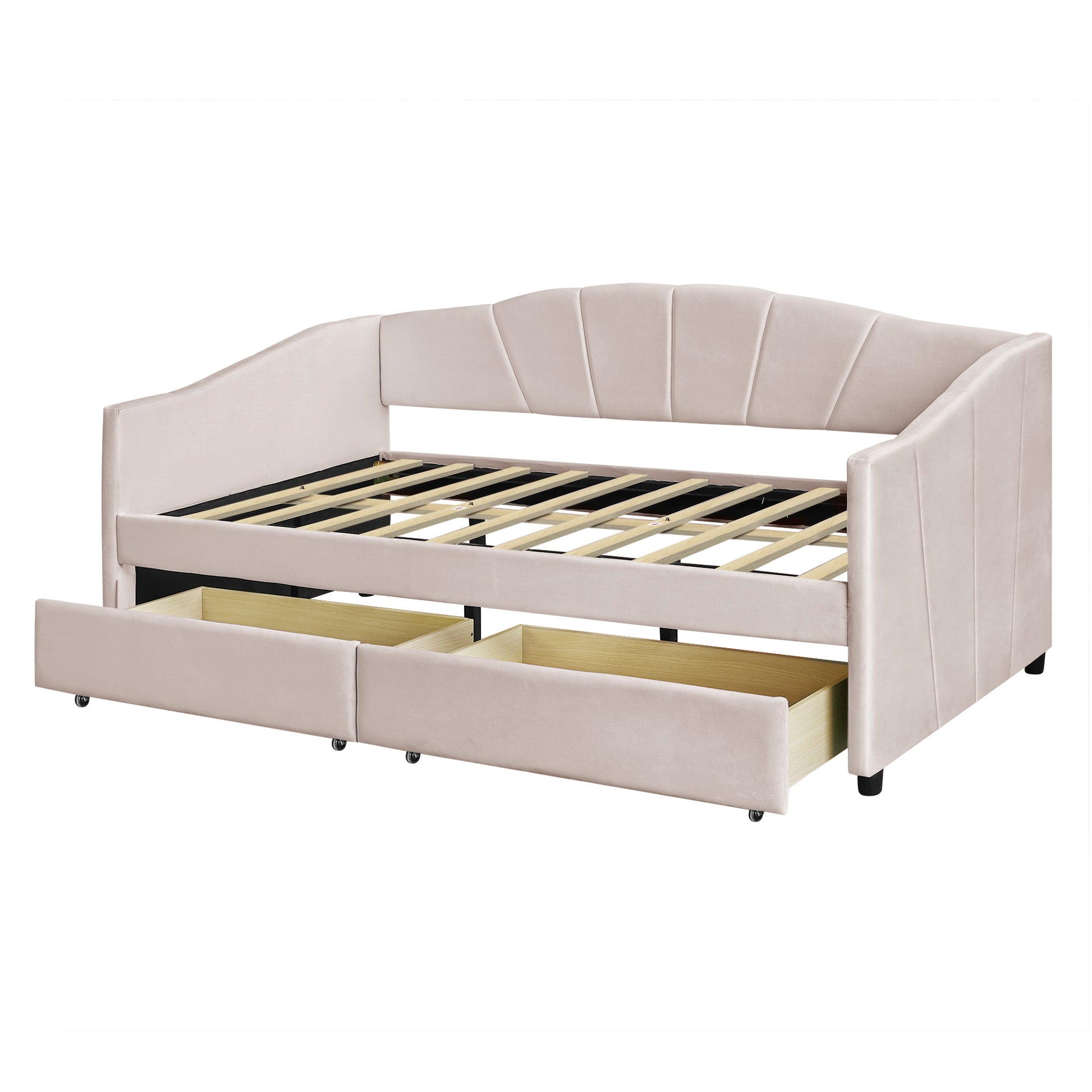 Upholstered Daybed Twin Size With Two Drawers And Wood Slat ,Beige Beige Upholstered