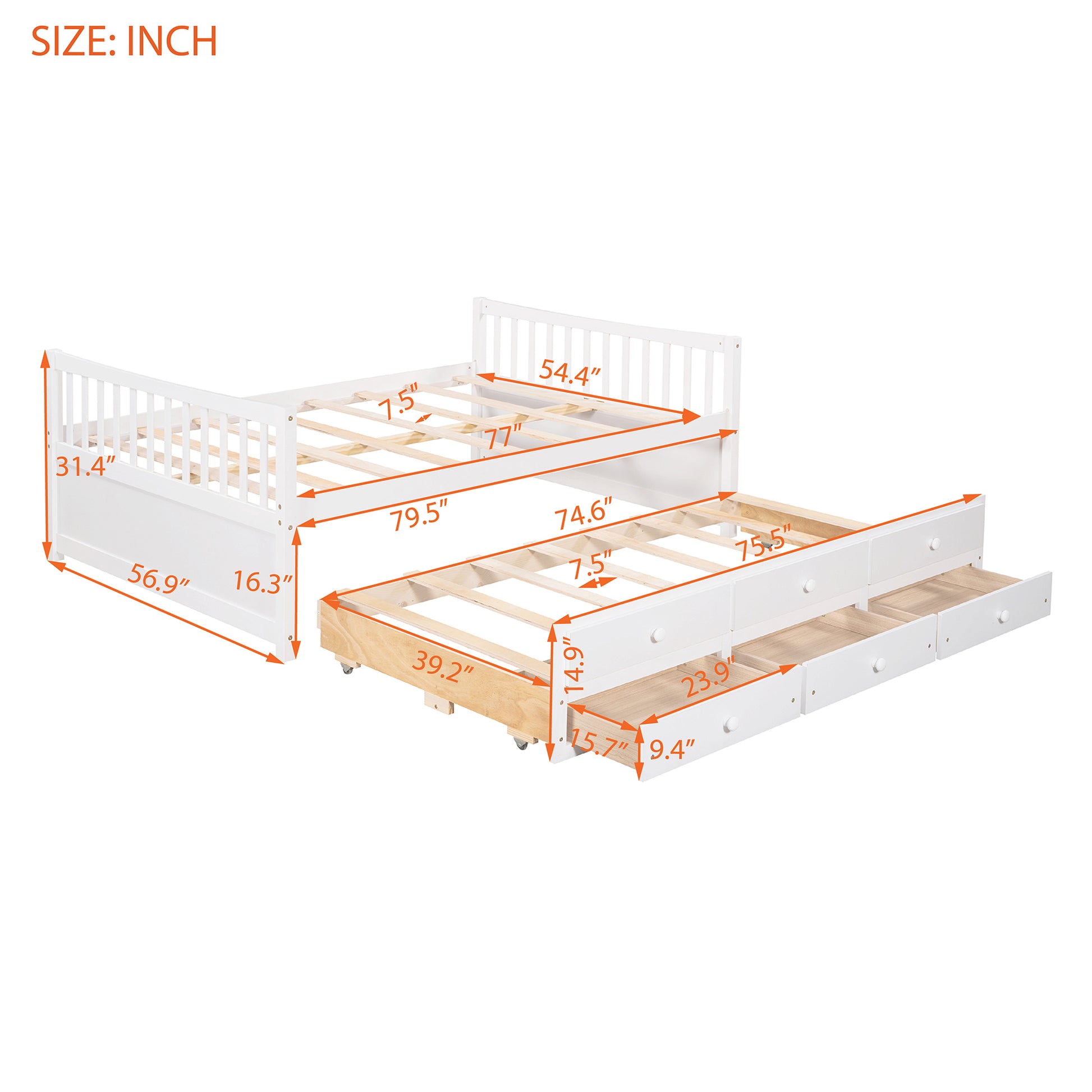 Full Size Daybed With Twin Size Trundle And Drawers, Full Size, White White Solid Wood