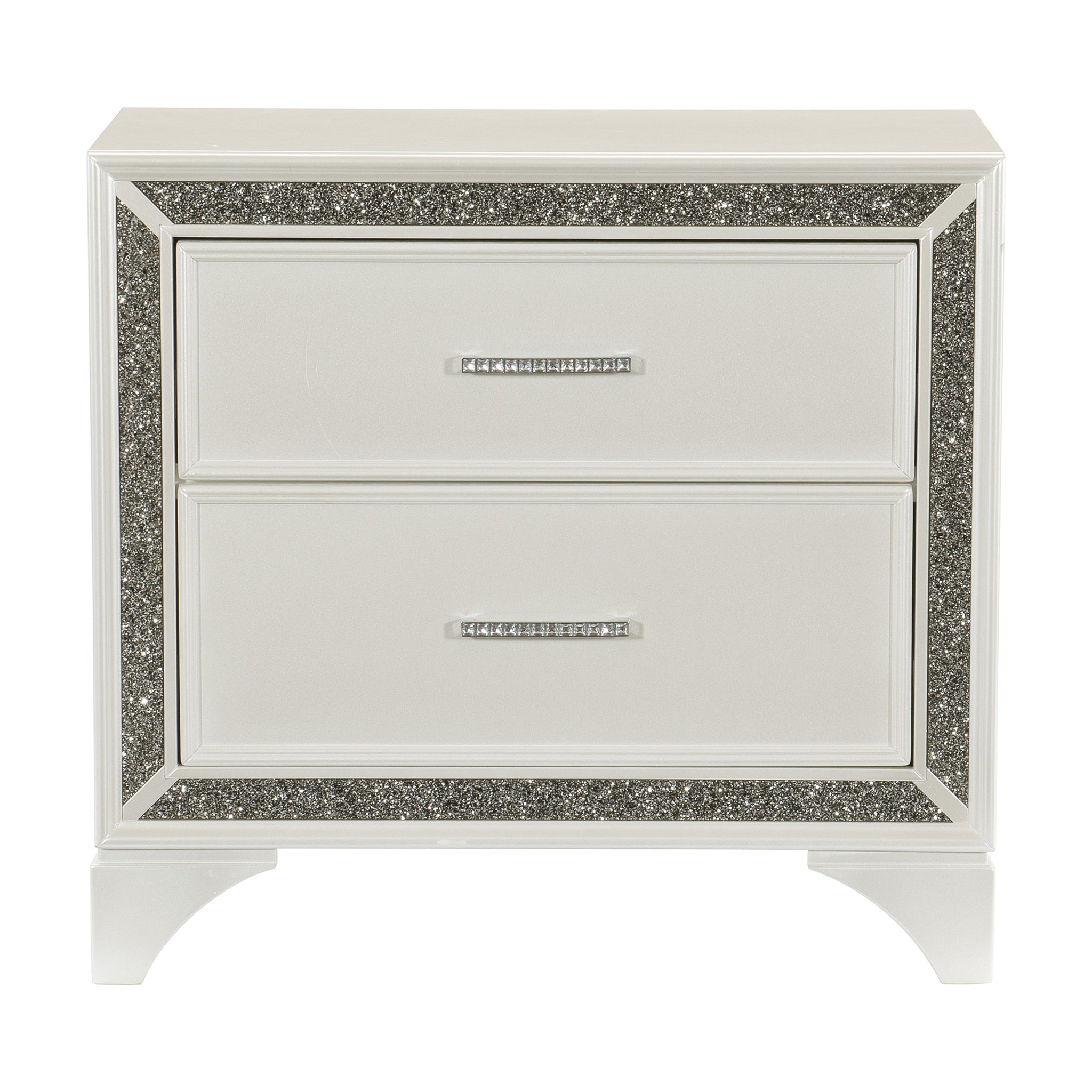 Glamourous Bedroom 1Pc Nightstand Pearl White Metallic Finish Silver Glitter Trim Wooden Furniture White 2 Drawers Bedroom Glam,Modern Wood