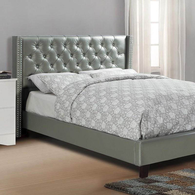 Full Size Bed 1Pc Bed Set Silver Faux Leather Upholstered Tufted Bed Frame Headboard Bedroom Furniture Box Spring Required Full Silver Wood Bedroom Modern,Transitional Rubberwood Bed Frame Faux Leather Particle Board