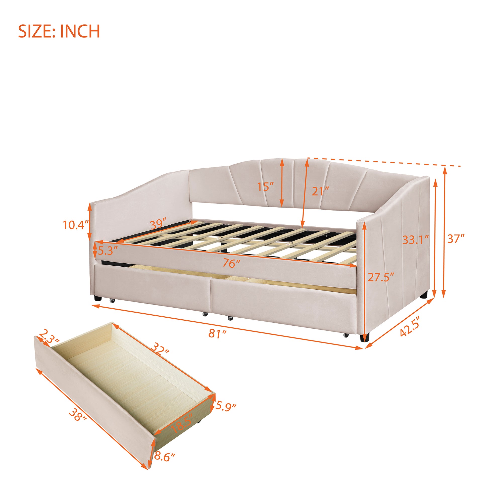 Upholstered Daybed Twin Size With Two Drawers And Wood Slat ,Beige Beige Upholstered