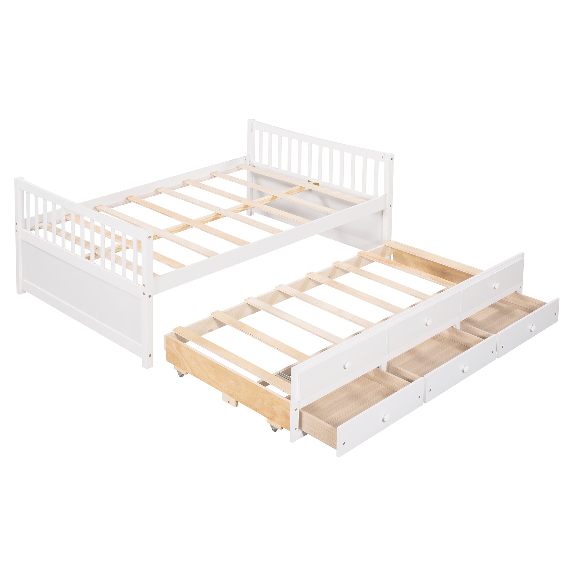 Full Size Daybed With Twin Size Trundle And Drawers, Full Size, White White Solid Wood