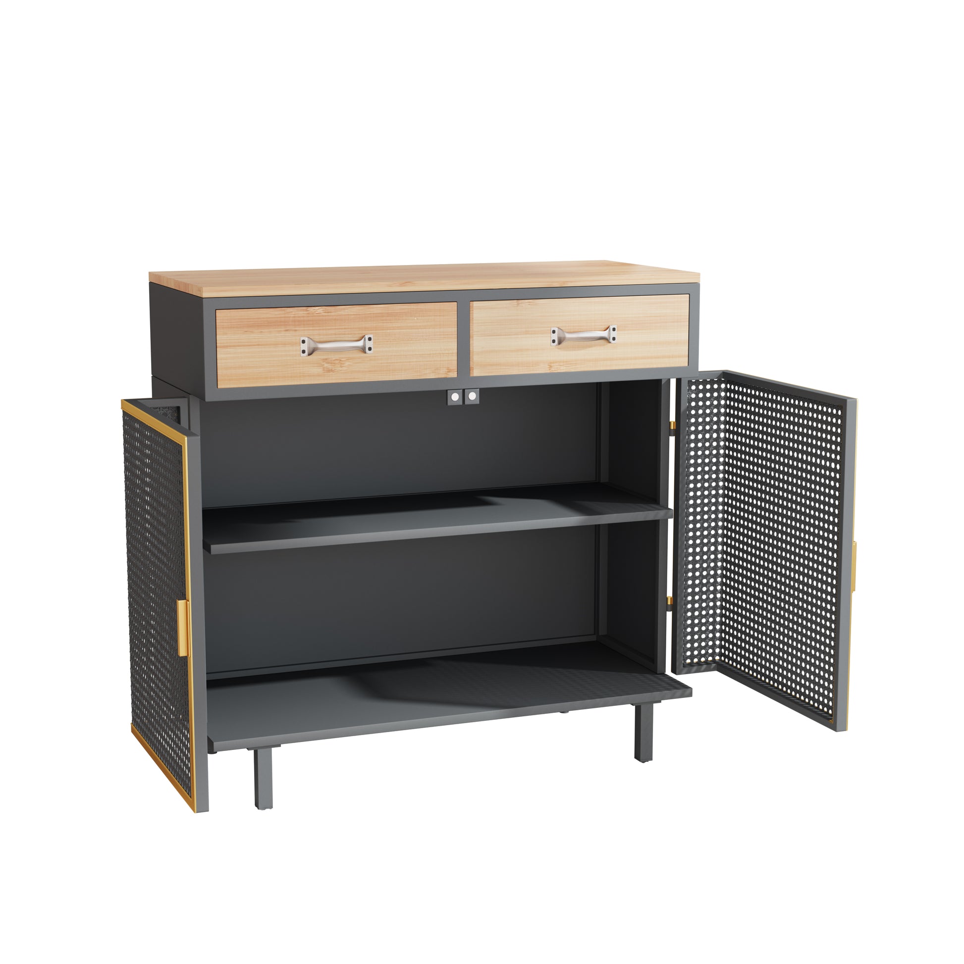 31.5"Wide 2 Drawer Sideboard, Modern Furniture Decor, Made With Iron Carbonized Bamboo, Easy Assembly Dark Gray Metal