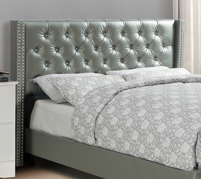 Full Size Bed 1Pc Bed Set Silver Faux Leather Upholstered Tufted Bed Frame Headboard Bedroom Furniture Box Spring Required Full Silver Wood Bedroom Modern,Transitional Rubberwood Bed Frame Faux Leather Particle Board