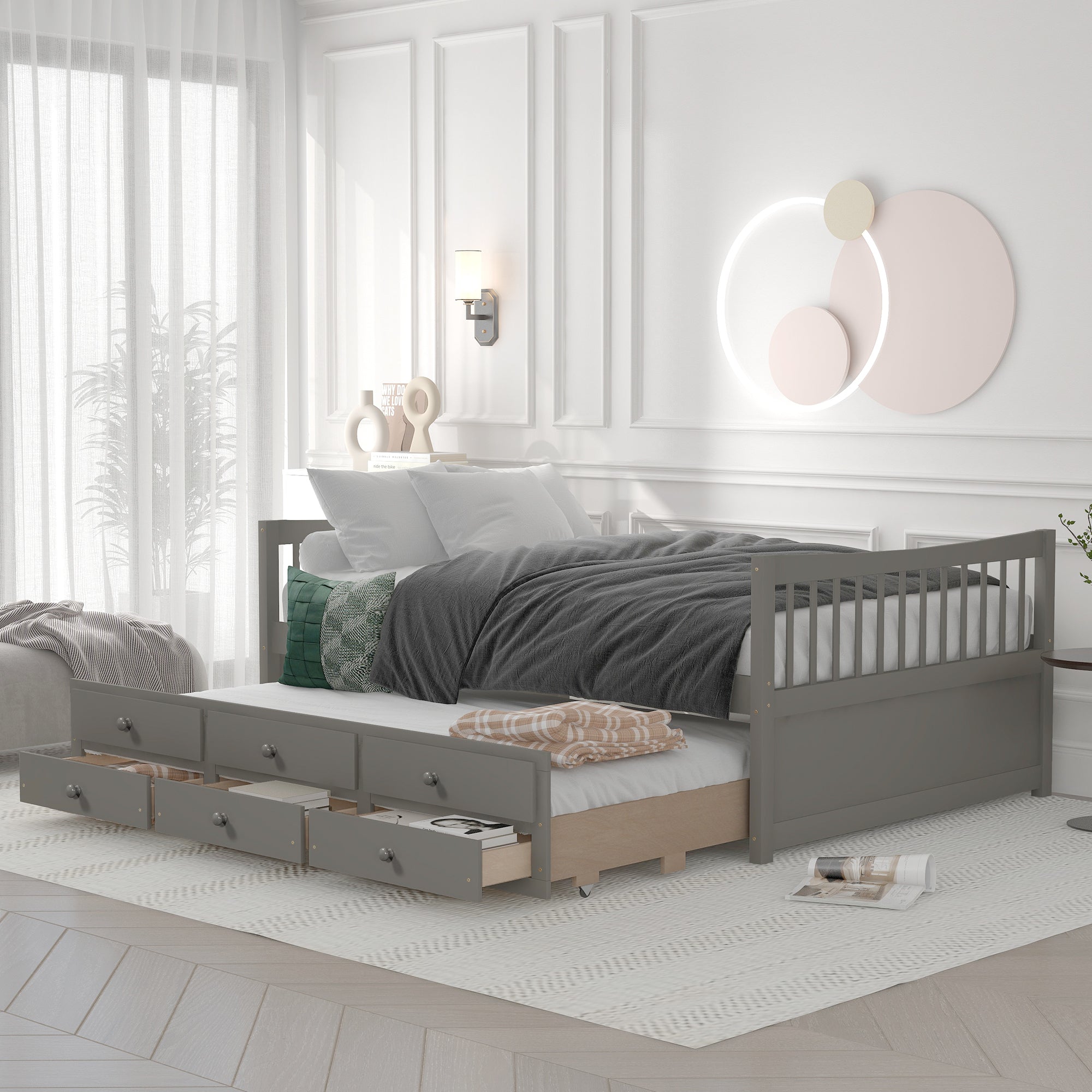 Full Size Daybed With Twin Size Trundle And Drawers, Full Size, Gray Gray Solid Wood