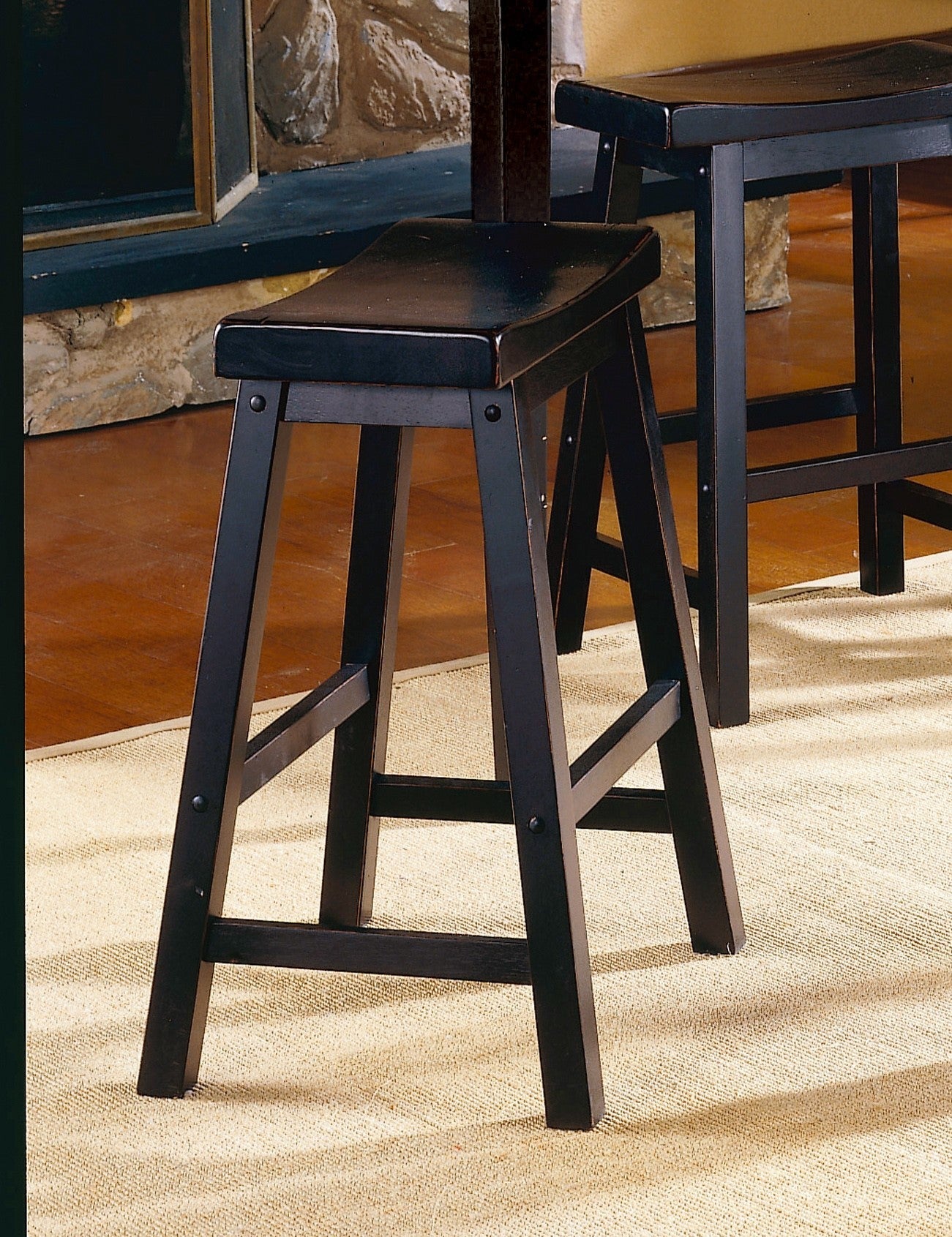 Black Finish 18 Inch Height Saddle Seat Stools Set Of 2Pc Solid Wood Casual Dining Home Furniture Black Dining Room Solid Wood