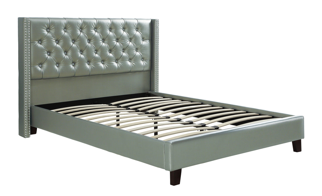 Full Size Bed 1Pc Bed Set Silver Faux Leather Upholstered Tufted Bed Frame Headboard Bedroom Furniture Box Spring Required Full Silver Wood Bedroom Modern,Transitional Rubberwood Bed Frame Faux Leather Particle Board