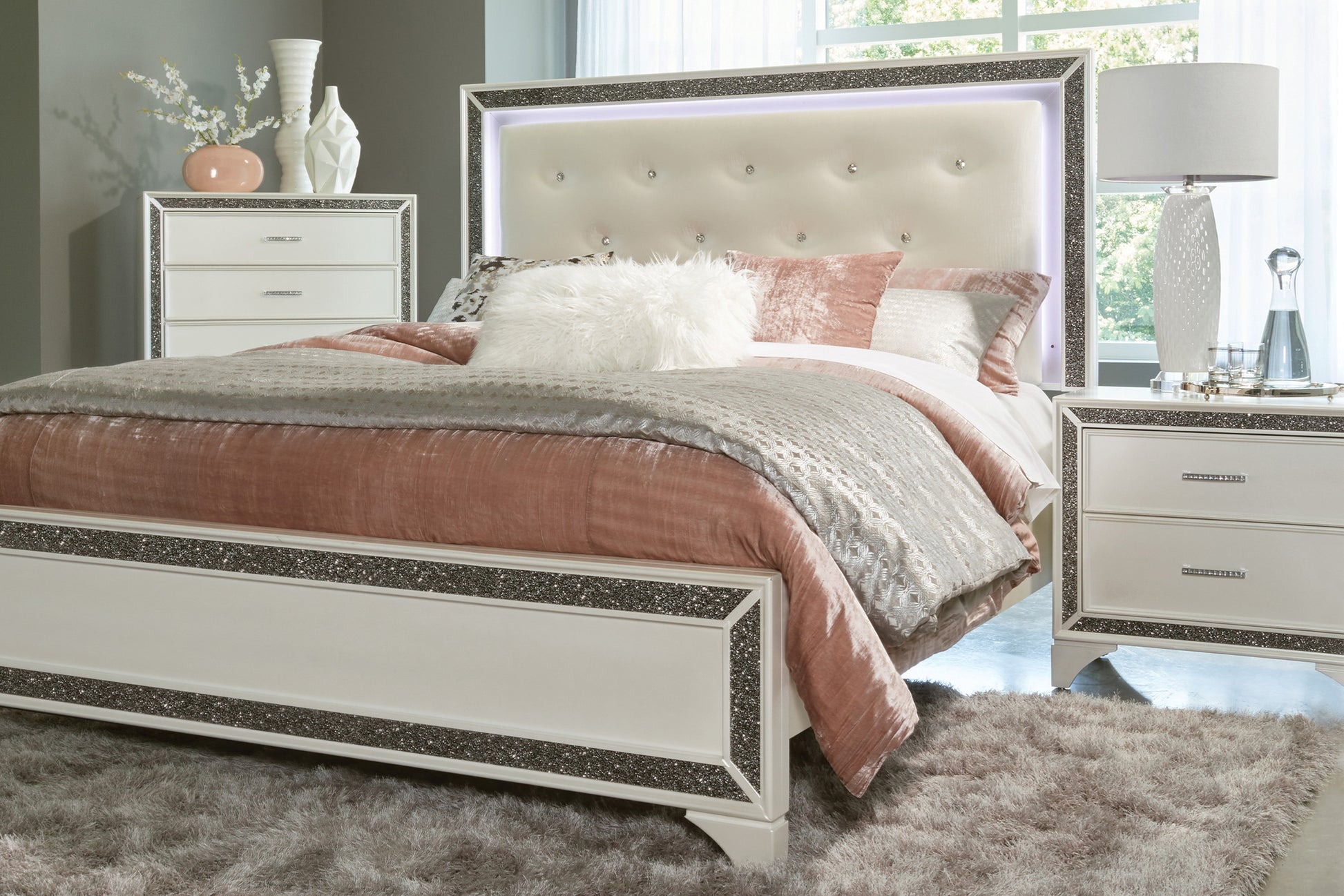 Glamourous Bedroom 1Pc Nightstand Pearl White Metallic Finish Silver Glitter Trim Wooden Furniture White 2 Drawers Bedroom Glam,Modern Wood