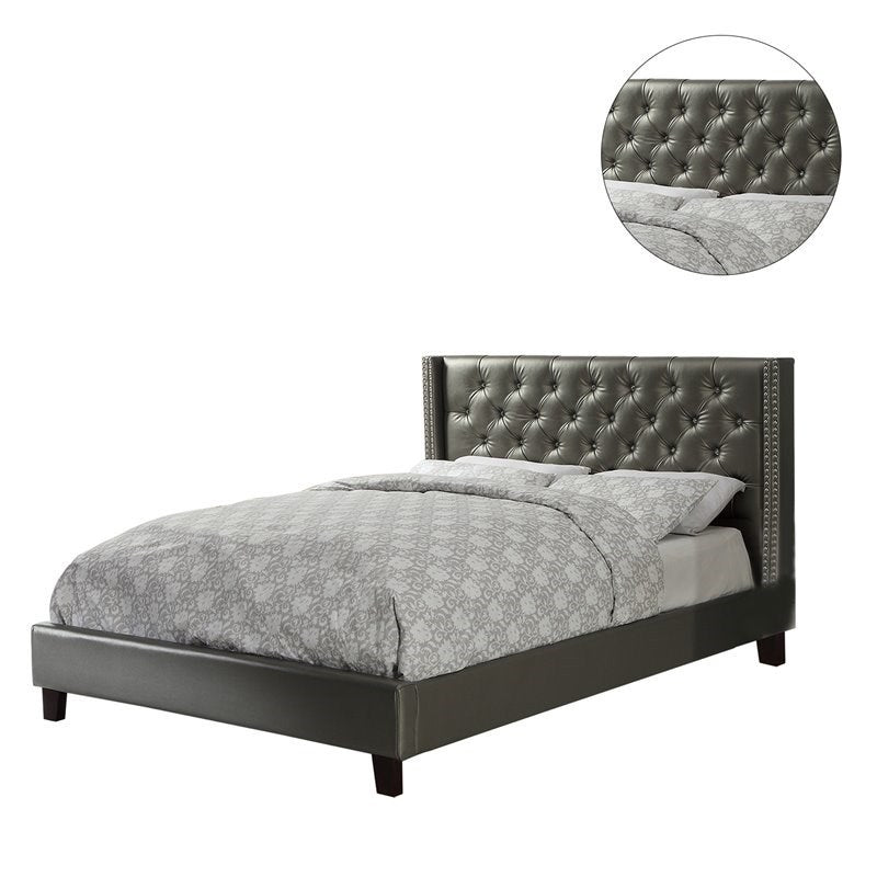 Full Size Bed 1Pc Bed Set Silver Faux Leather Upholstered Tufted Bed Frame Headboard Bedroom Furniture Box Spring Required Full Silver Wood Bedroom Modern,Transitional Rubberwood Bed Frame Faux Leather Particle Board