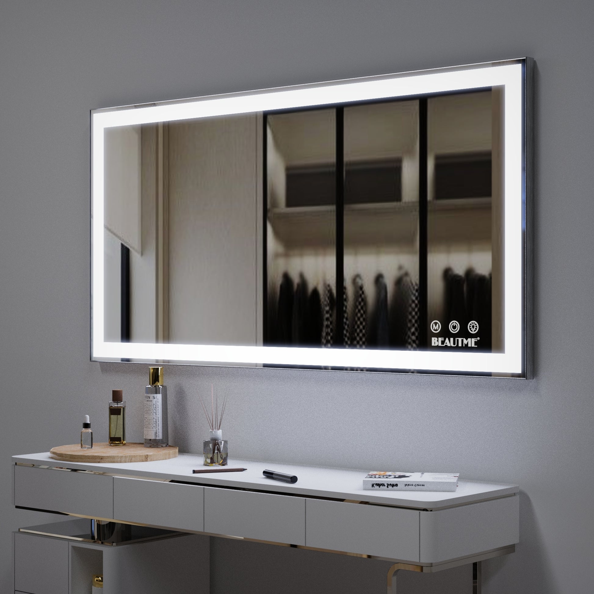 48X24 Inch Led Bathroom Vanity Mirror Wall Mounted Adjustable White Warm Natural Lights Anti Fog Touch Switch With Memory Modern Smart Large Bathroom Mirrors Silver Aluminium