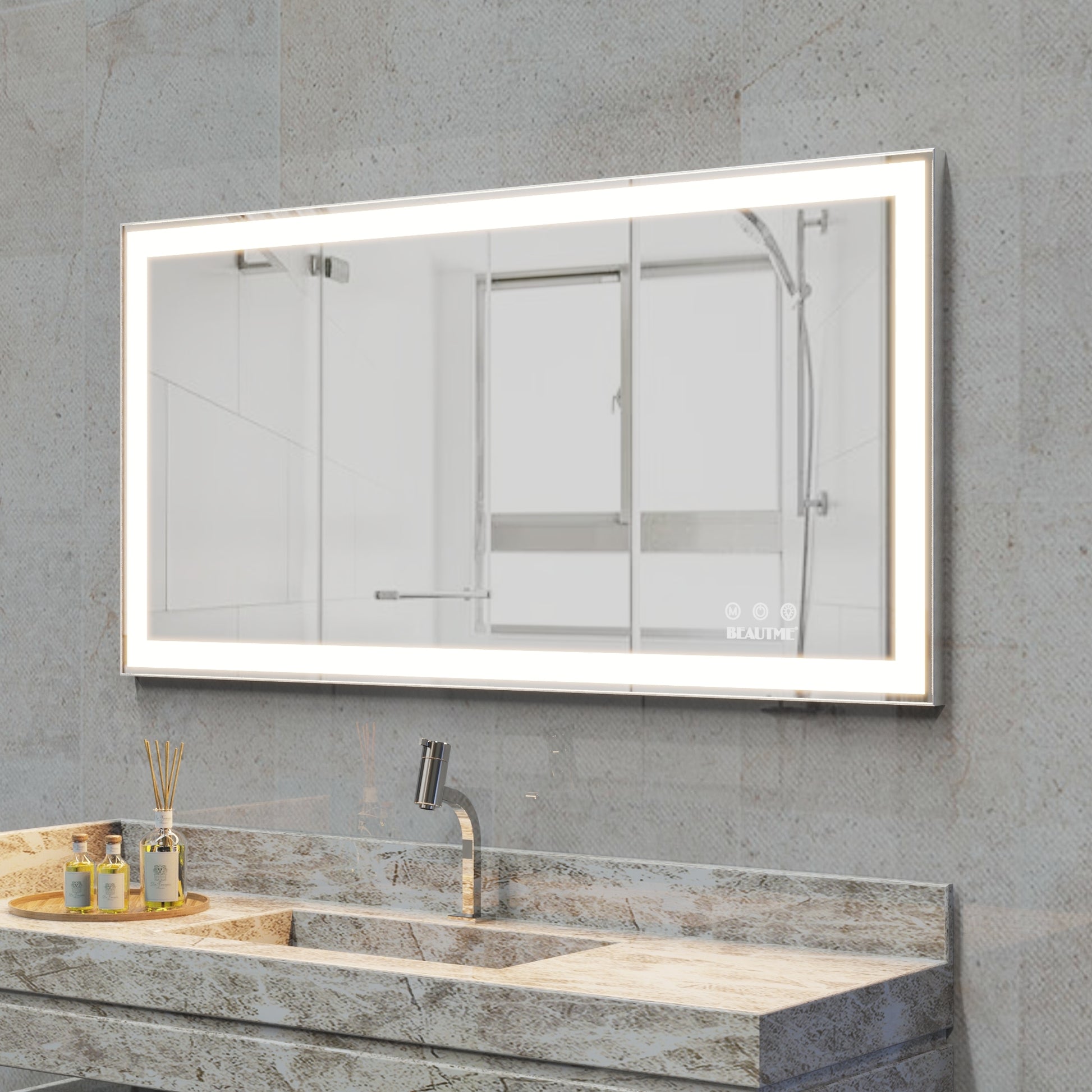 48X24 Inch Led Bathroom Vanity Mirror Wall Mounted Adjustable White Warm Natural Lights Anti Fog Touch Switch With Memory Modern Smart Large Bathroom Mirrors Silver Aluminium