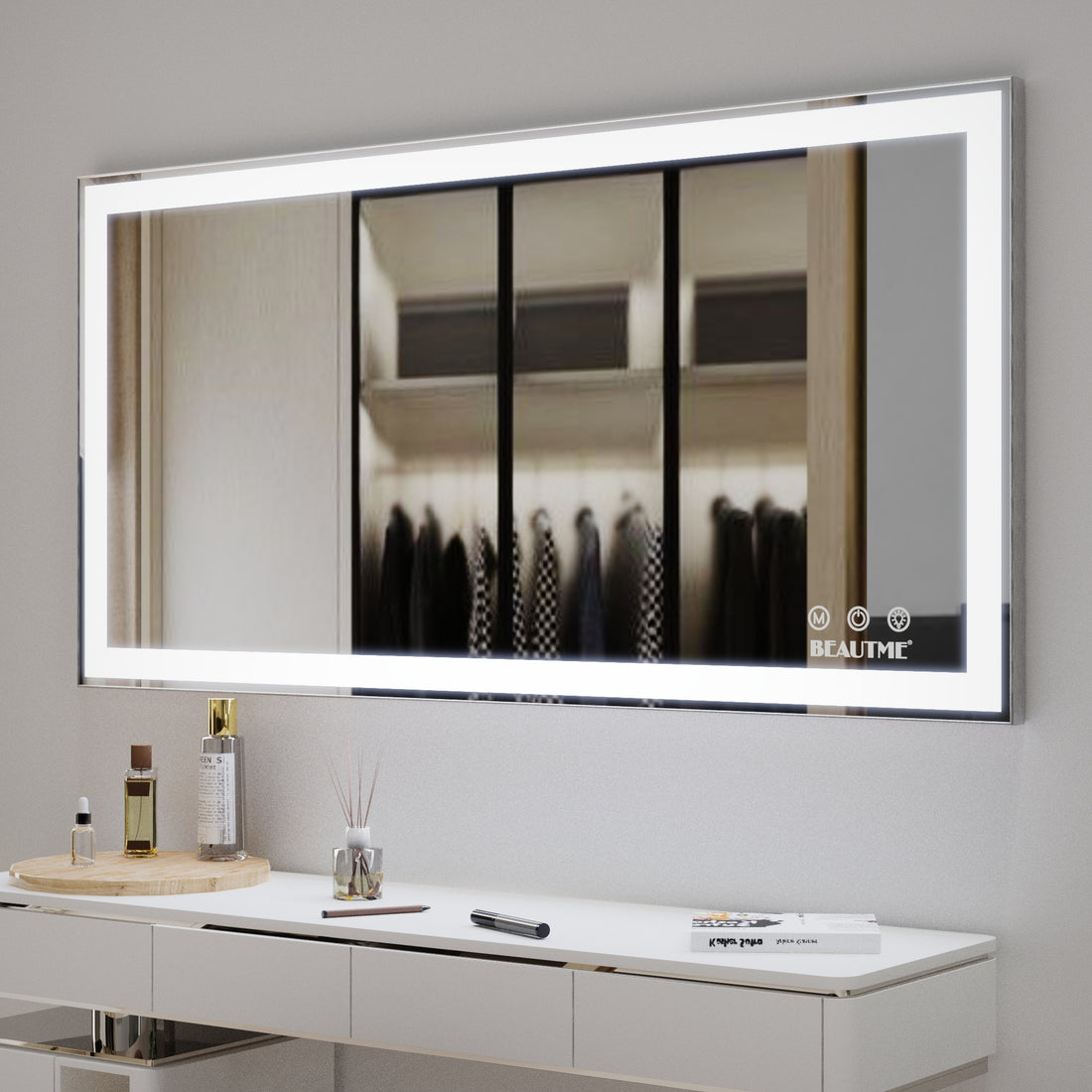 48X24 Inch Led Bathroom Vanity Mirror Wall Mounted Adjustable White Warm Natural Lights Anti Fog Touch Switch With Memory Modern Smart Large Bathroom Mirrors Silver Aluminium