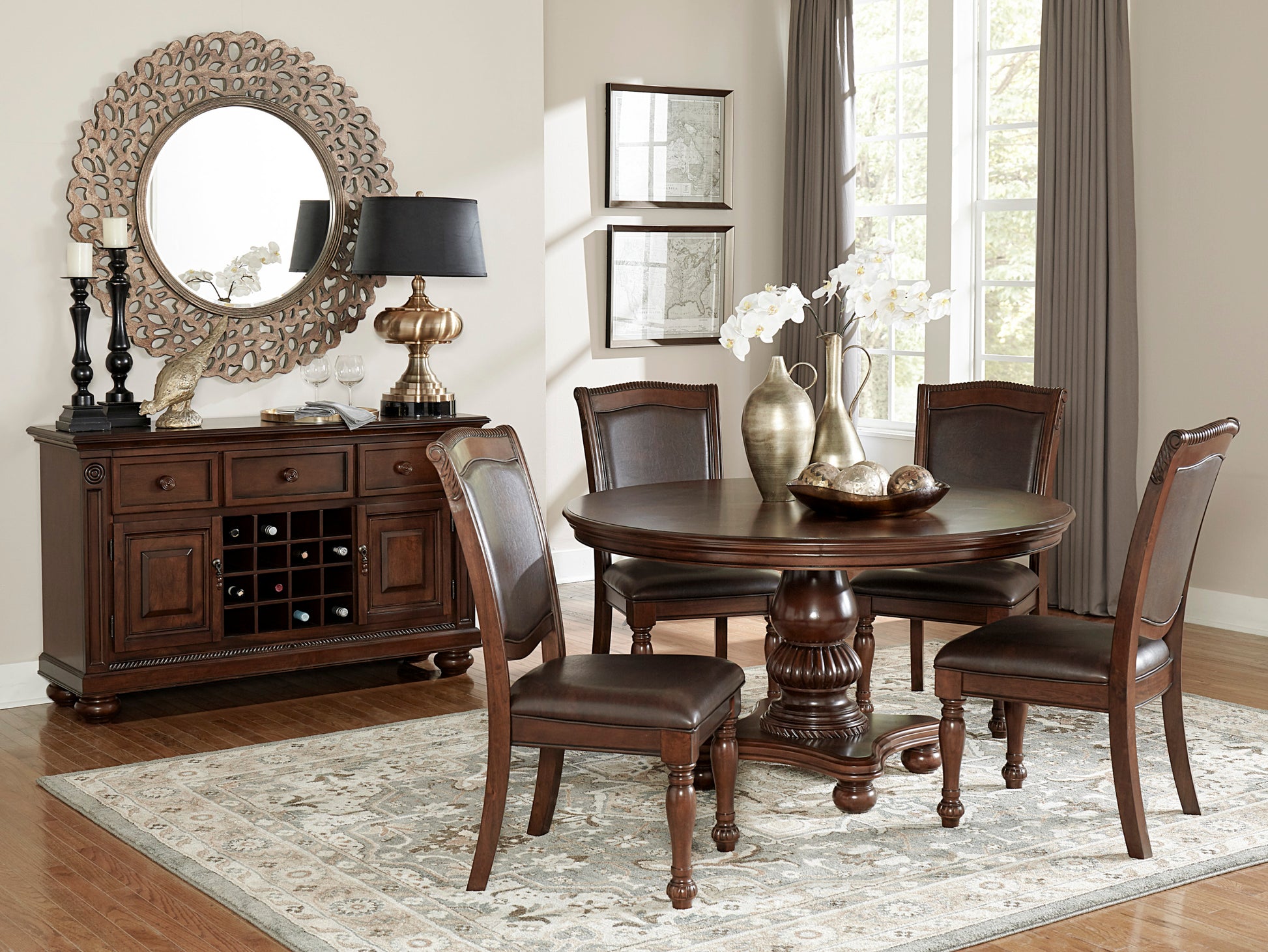 Traditional Dining Table 1Pc Brown Cherry Finish Pedestal Base Round Table Dining Room Furniture Brown Mix Dining Room Traditional Wood