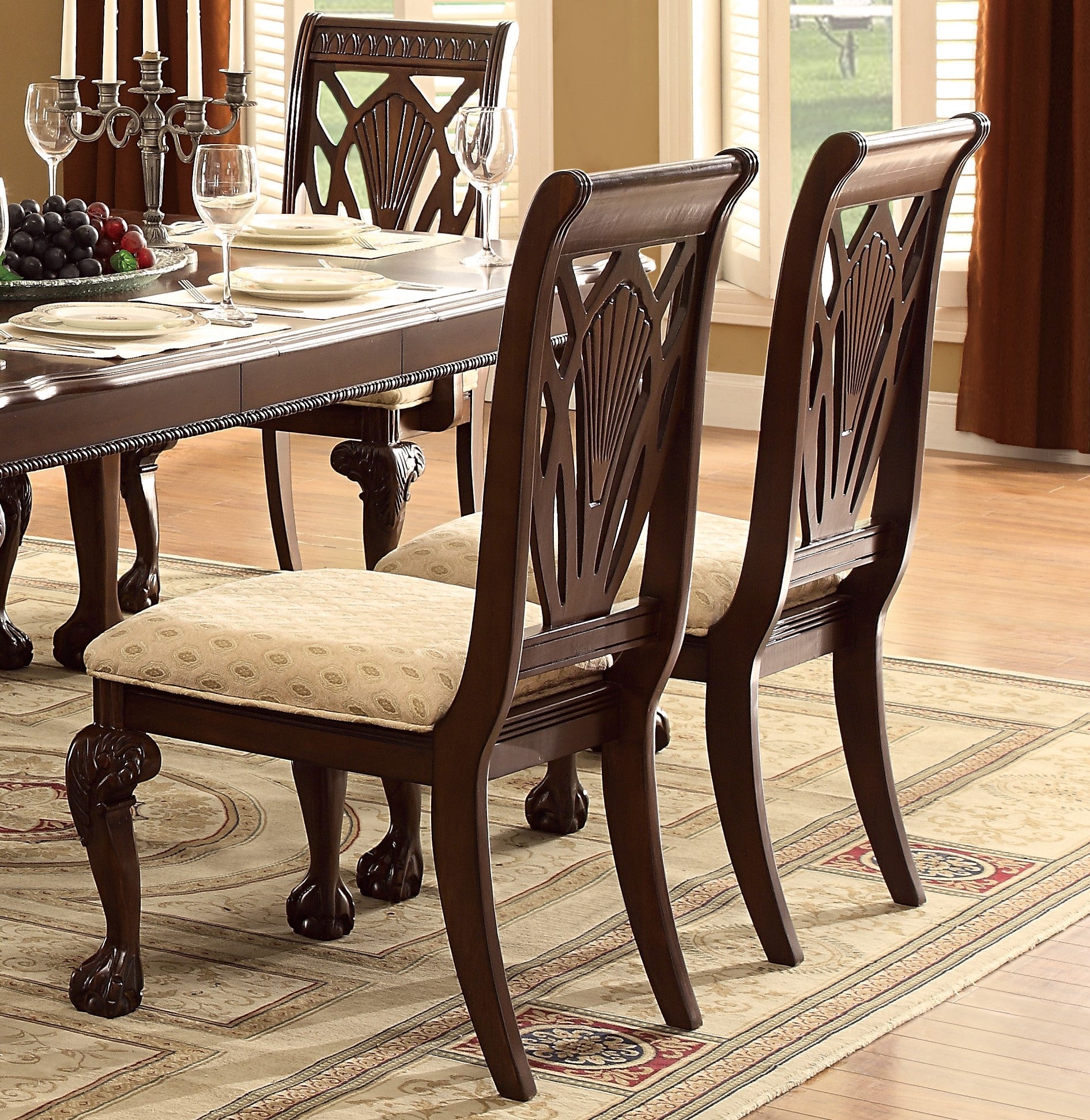 Elegant Design Traditional Side Chairs 2Pc Set Dark Cherry Finish Brown Fabric Seats Dining Furniture Brown Mix Dining Room Traditional Wood