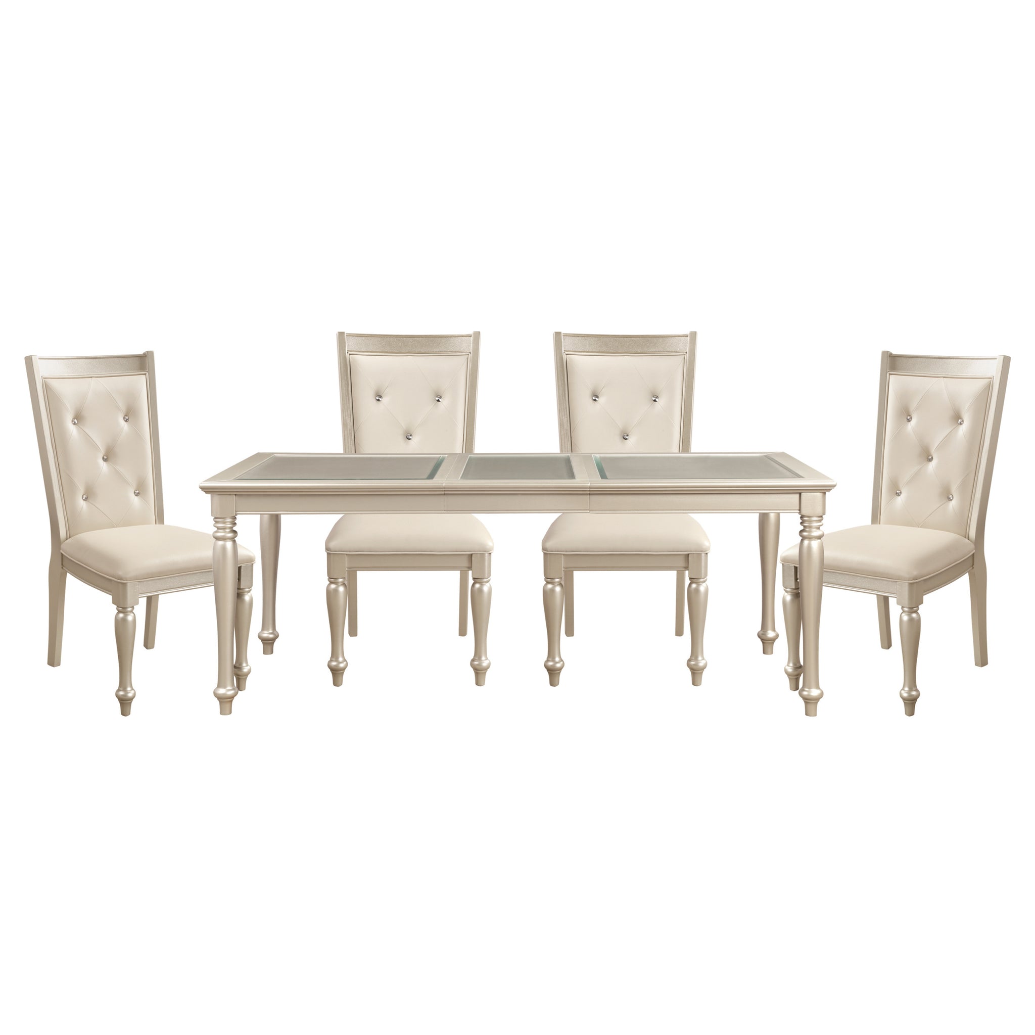 Traditional Design Formal Dining 5Pc Set Table W Extension Leaf And 6 Side Chairs Crystal Button Tufted Cushion Seat Silver Finish Furniture Silver Seats 4 Dining Room Extendable Glam,Modern,Traditional Rectangular Dining Table With Chair Wood