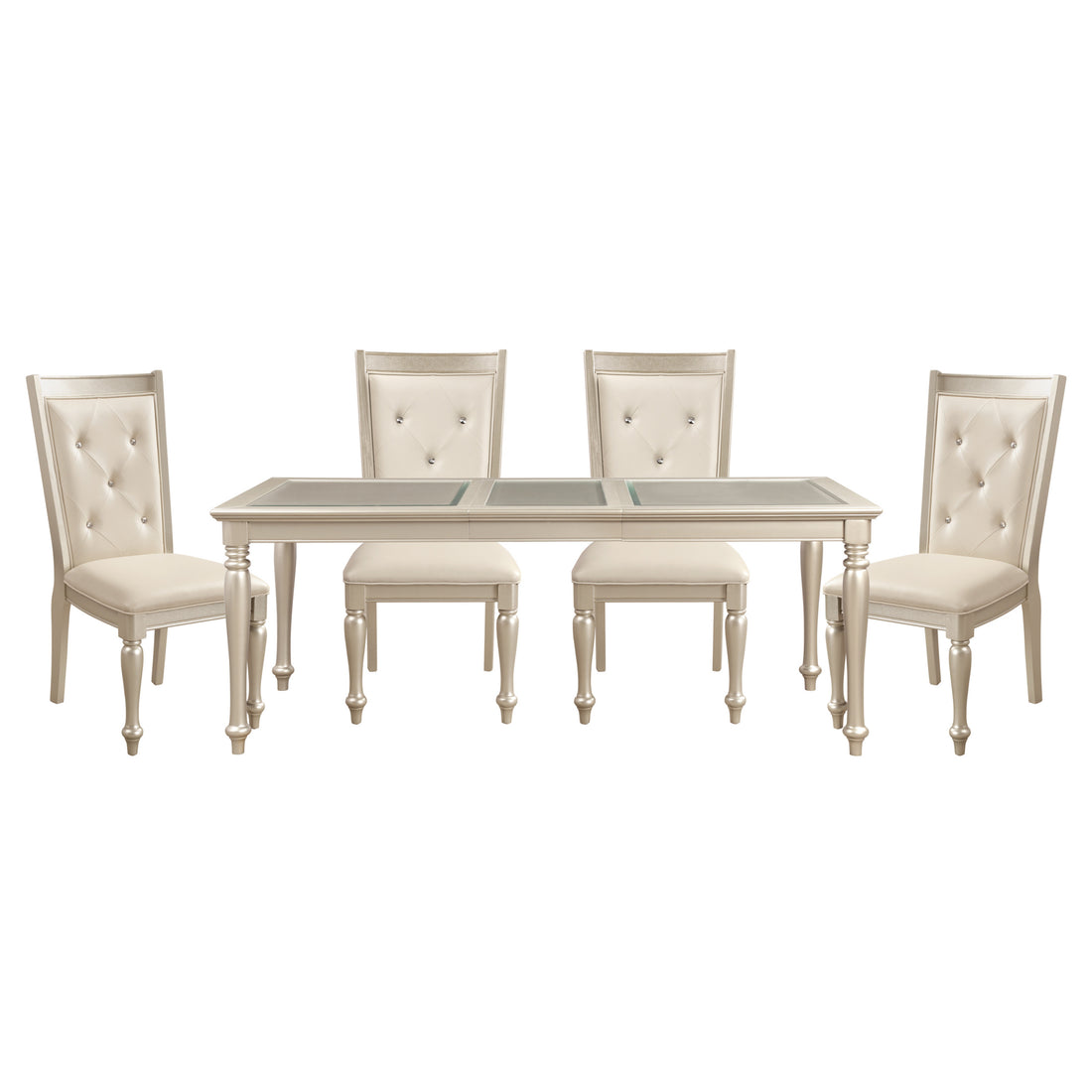 Traditional Design Formal Dining 5Pc Set Table W Extension Leaf And 6 Side Chairs Crystal Button Tufted Cushion Seat Silver Finish Furniture Silver Seats 4 Dining Room Extendable Glam,Modern,Traditional Rectangular Dining Table With Chair Wood