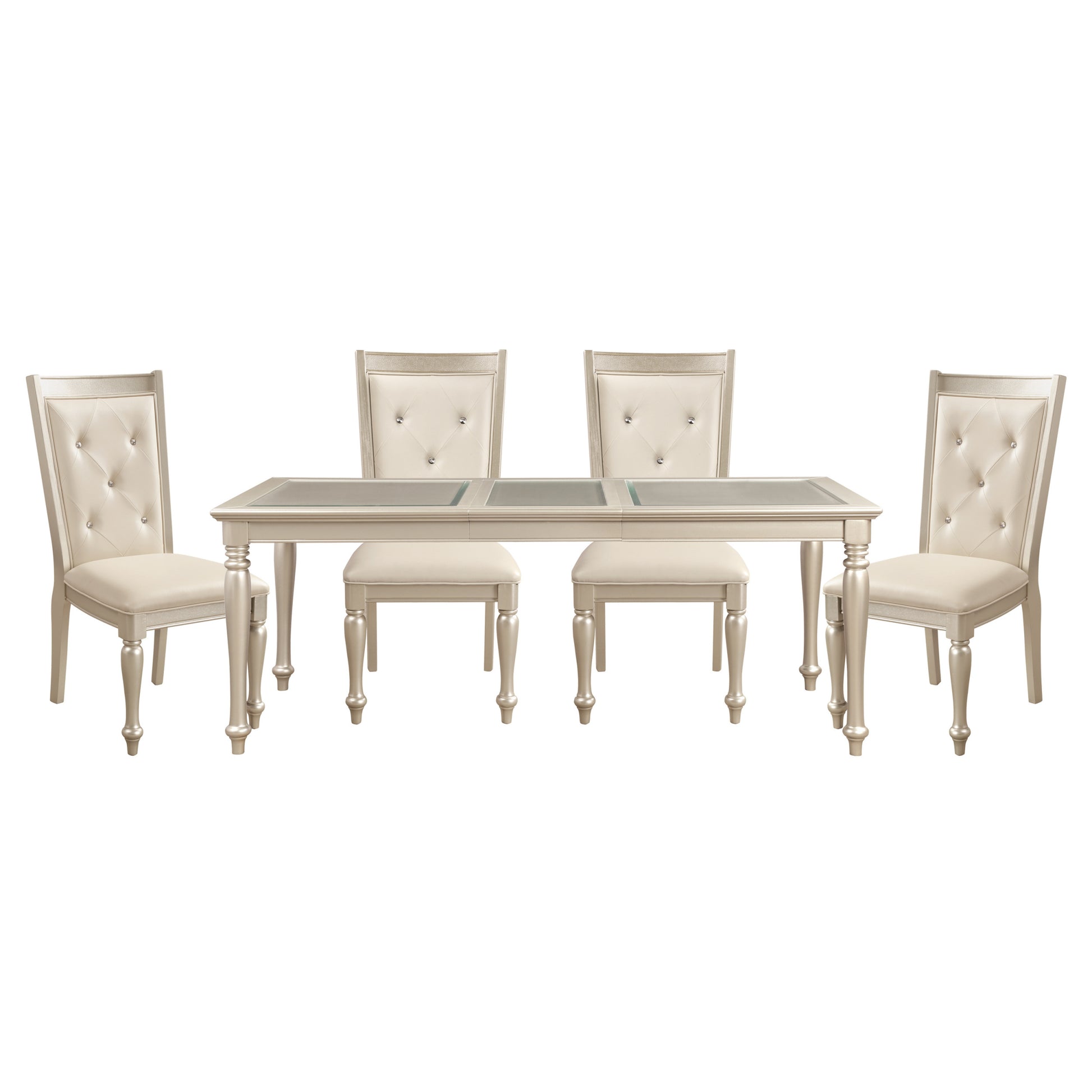 Traditional Design Formal Dining 5Pc Set Table W Extension Leaf And 6 Side Chairs Crystal Button Tufted Cushion Seat Silver Finish Furniture Silver Seats 4 Dining Room Extendable Glam,Modern,Traditional Rectangular Dining Table With Chair Wood