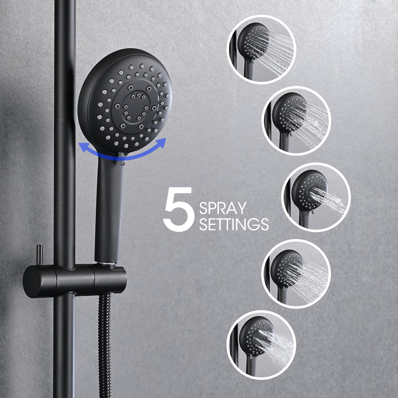 5 Setting Handheld Shower System Slide Bar Combo Rain Showerhead, Dual Shower Head Spa System Matte Black Abs