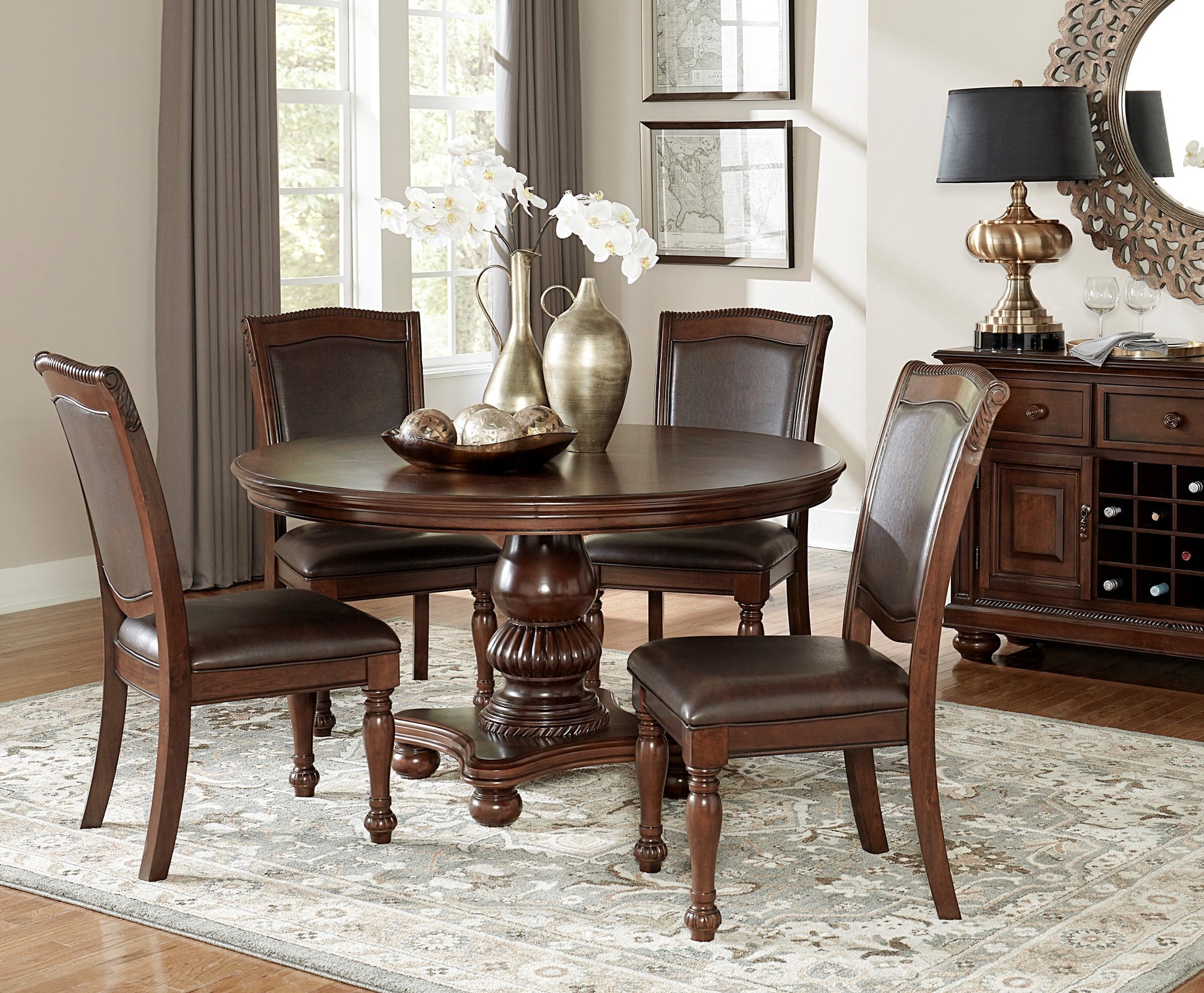 Elegant Design 5Pc Dining Set Brown Cherry Finish Pedestal Base Table And 4X Side Chairs Faux Leather Upholstered Traditional Dining Room Furniture Wood Wood Brown Mix Seats 4 Wood Dining Room 54 Inches Traditional Pedestal Round Dining Table With Chair