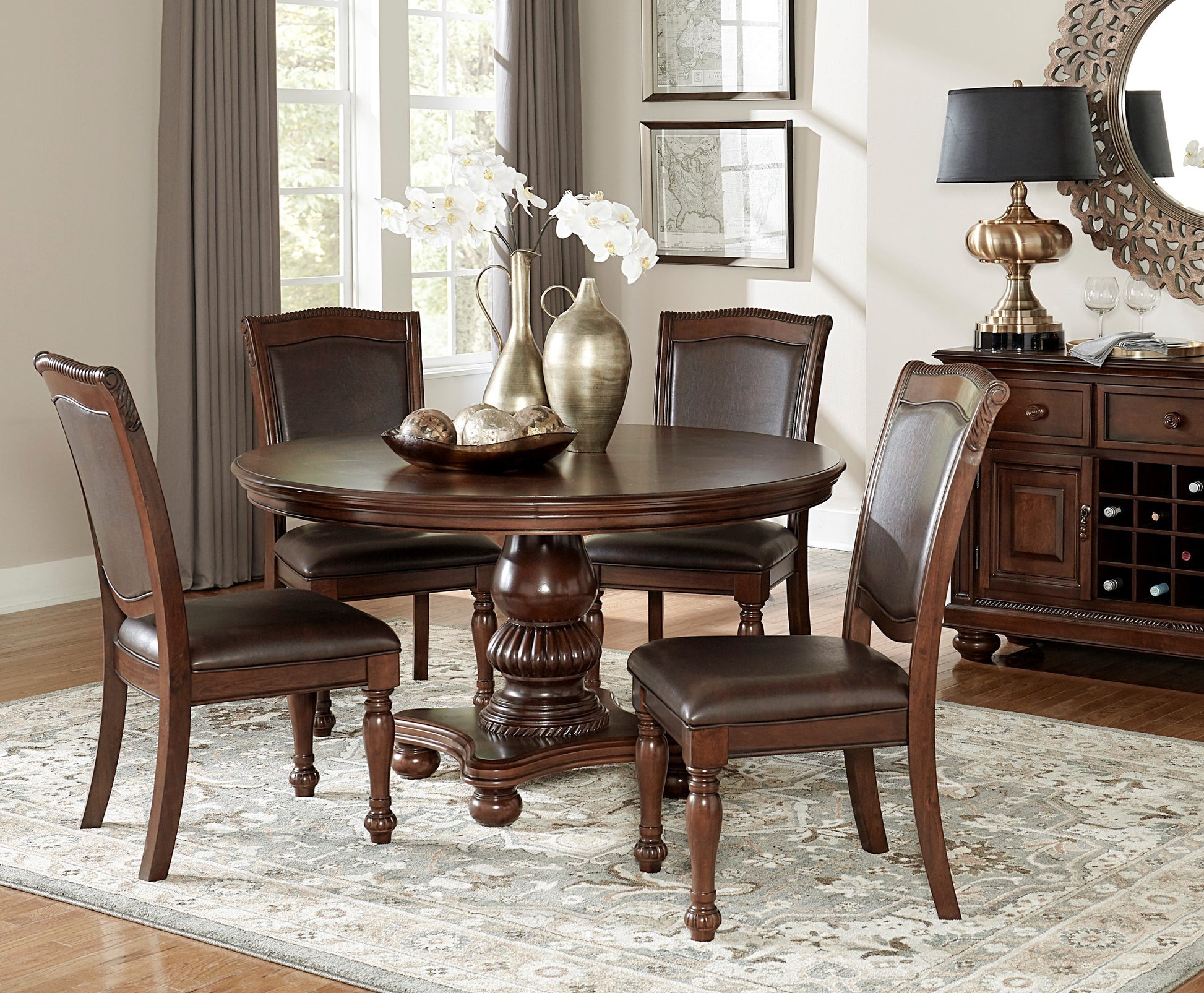 Traditional Dining Table 1Pc Brown Cherry Finish Pedestal Base Round Table Dining Room Furniture Brown Mix Dining Room Traditional Wood