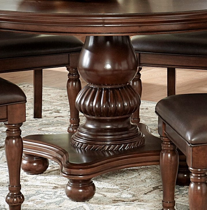 Elegant Design 5Pc Dining Set Brown Cherry Finish Pedestal Base Table And 4X Side Chairs Faux Leather Upholstered Traditional Dining Room Furniture Wood Wood Brown Mix Seats 4 Wood Dining Room 54 Inches Traditional Pedestal Round Dining Table With Chair