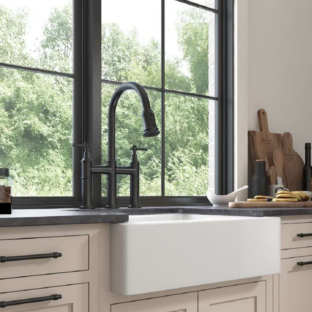 Bridge Kitchen Faucet With Pull Down Sprayhead In Spot Matte Black Brass