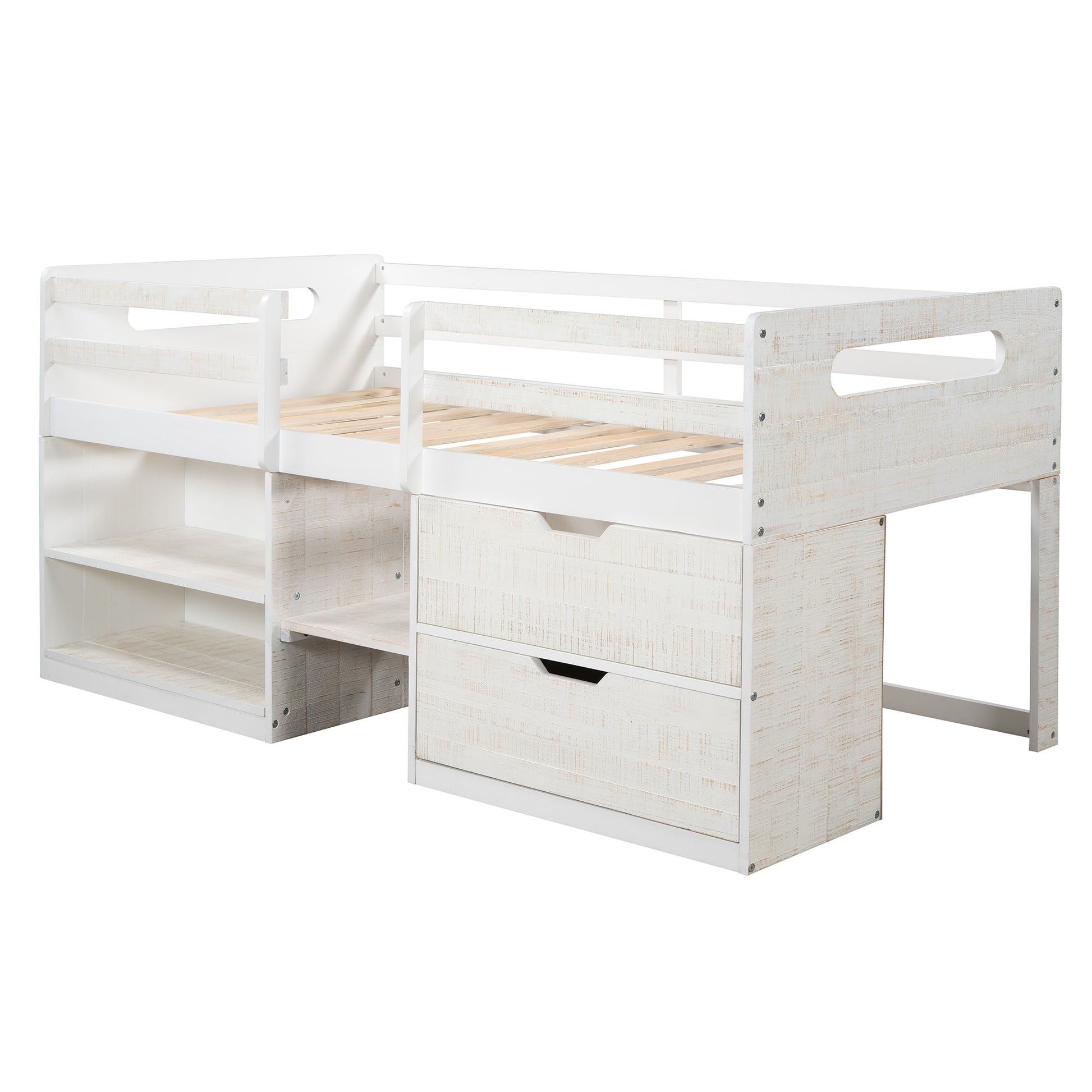 Twin Size Loft Bed With Two Shelves And Two Drawers Antique White Antique White Solid Wood