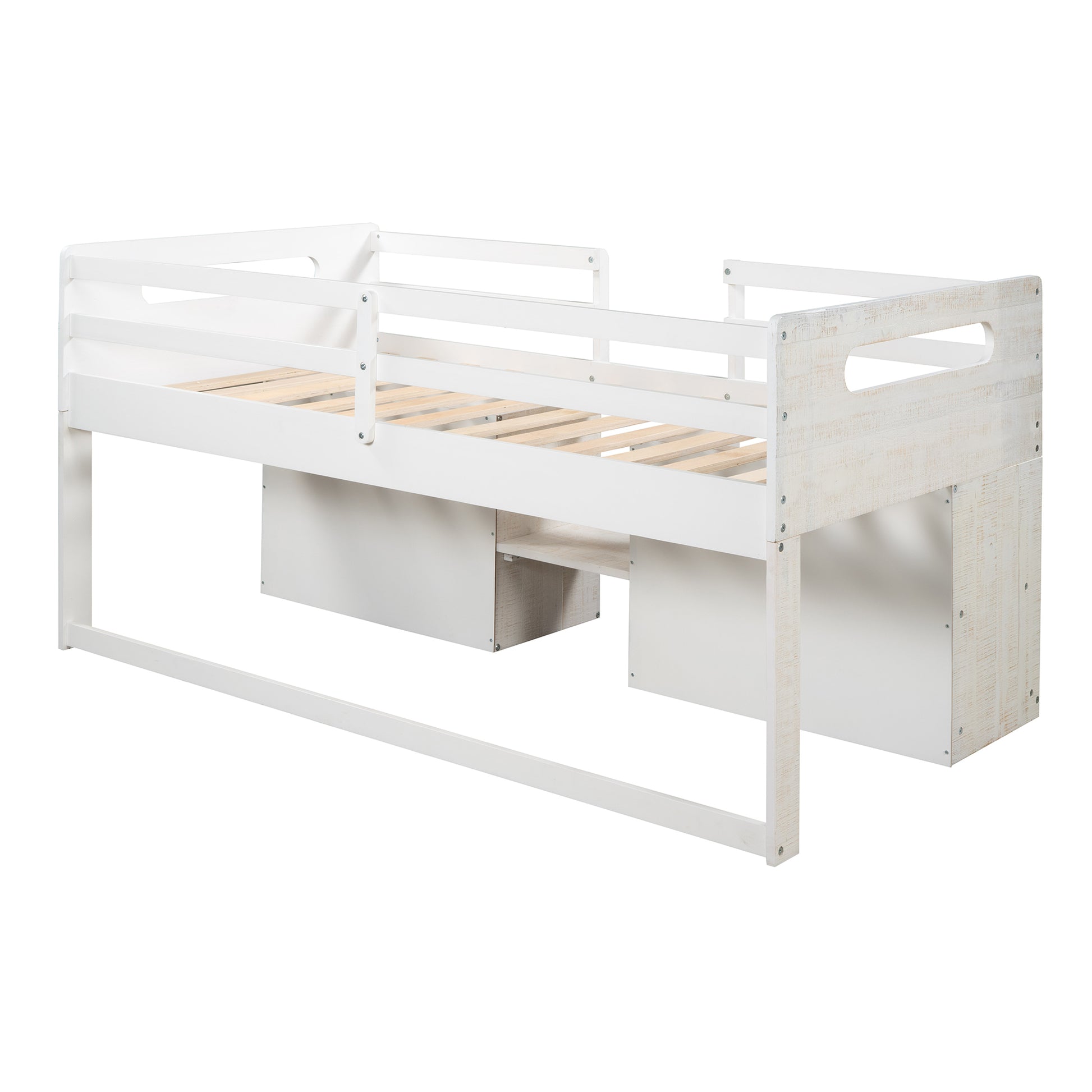 Twin Size Loft Bed With Two Shelves And Two Drawers Antique White Antique White Solid Wood