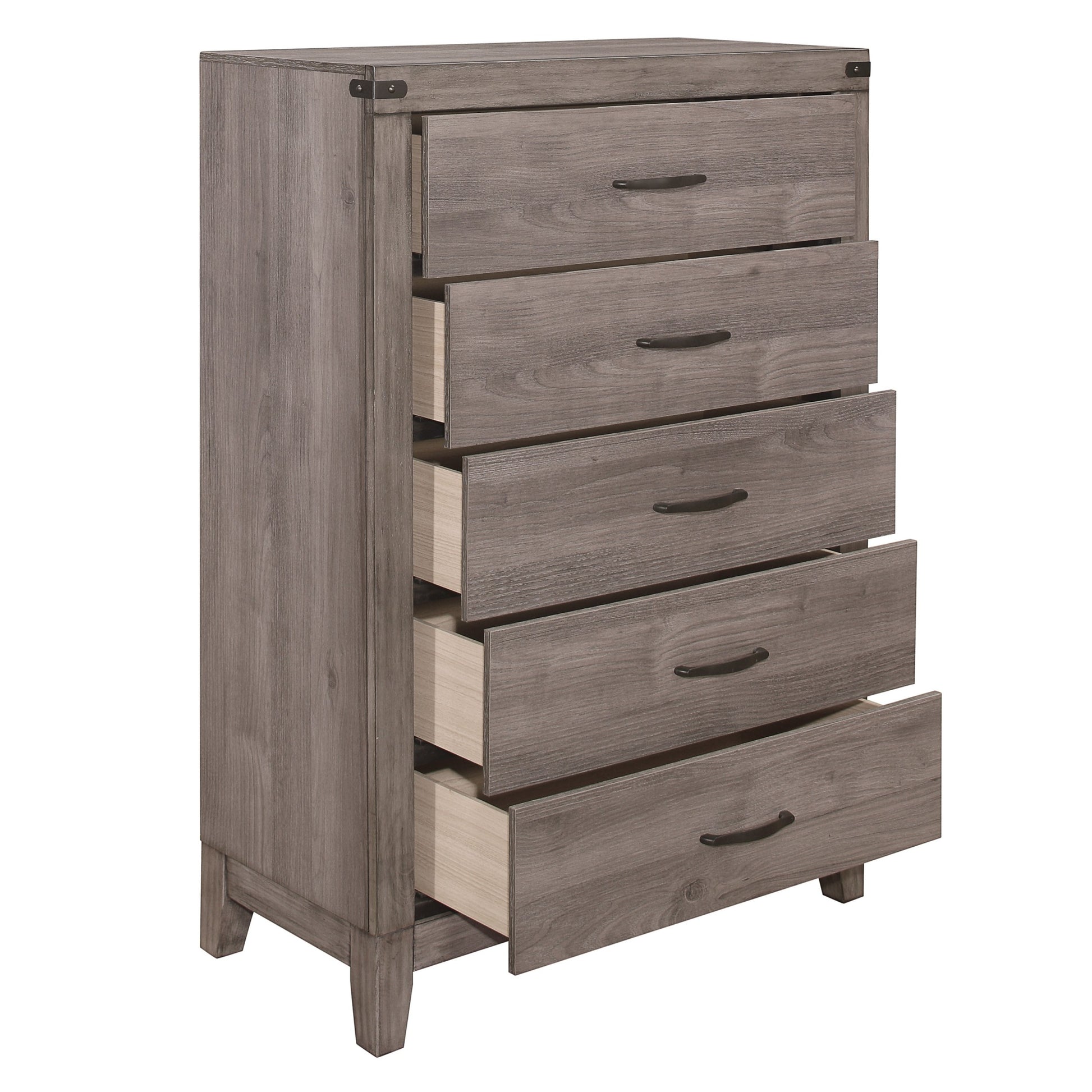 Brownish Gray Finish 1Pc Bedroom Chest Of 5 Drawers Melamine Laminate Dark Metal Hardware Corner Rivets Brown Gray Bedroom Wood