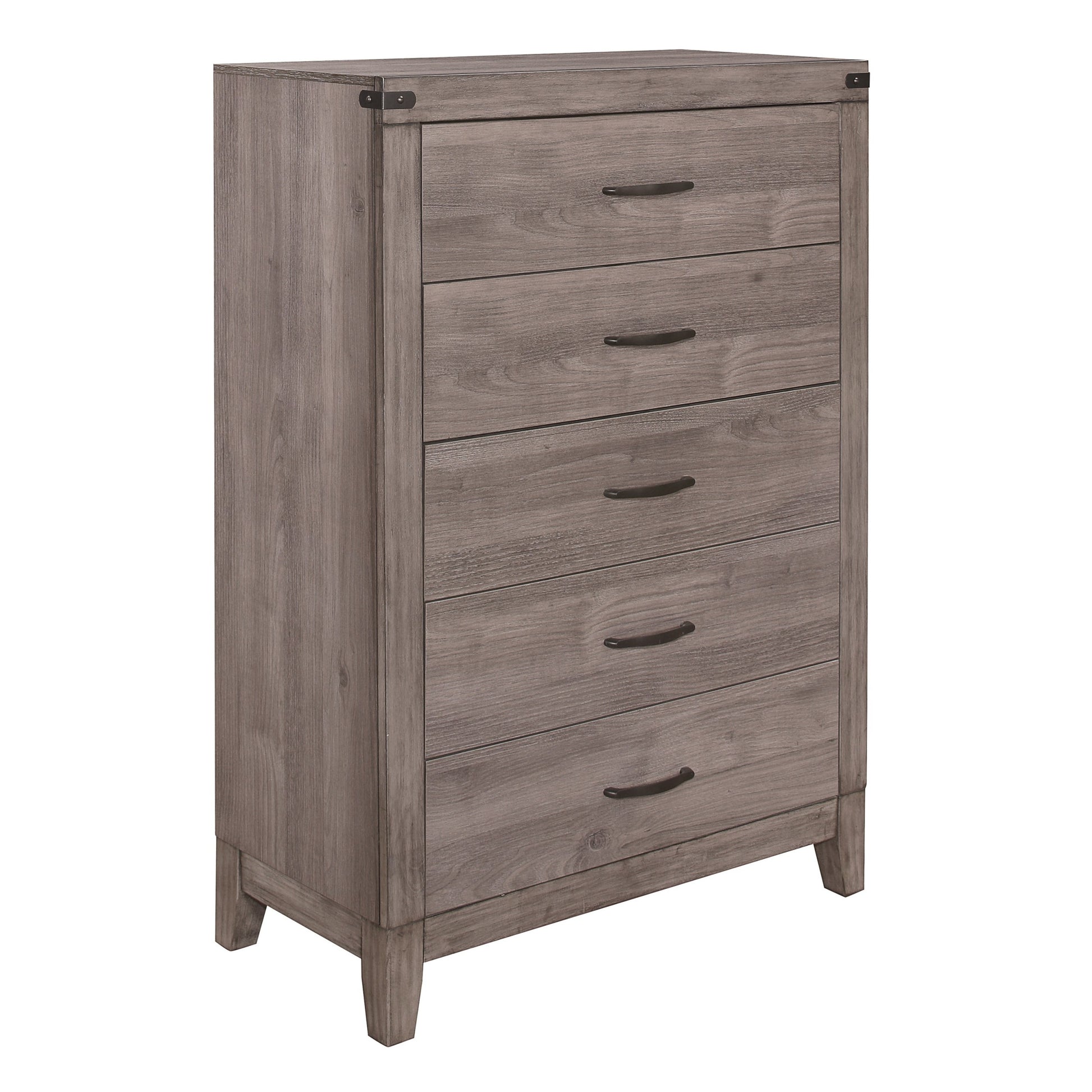 Brownish Gray Finish 1Pc Bedroom Chest Of 5 Drawers Melamine Laminate Dark Metal Hardware Corner Rivets Brown Gray Bedroom Wood