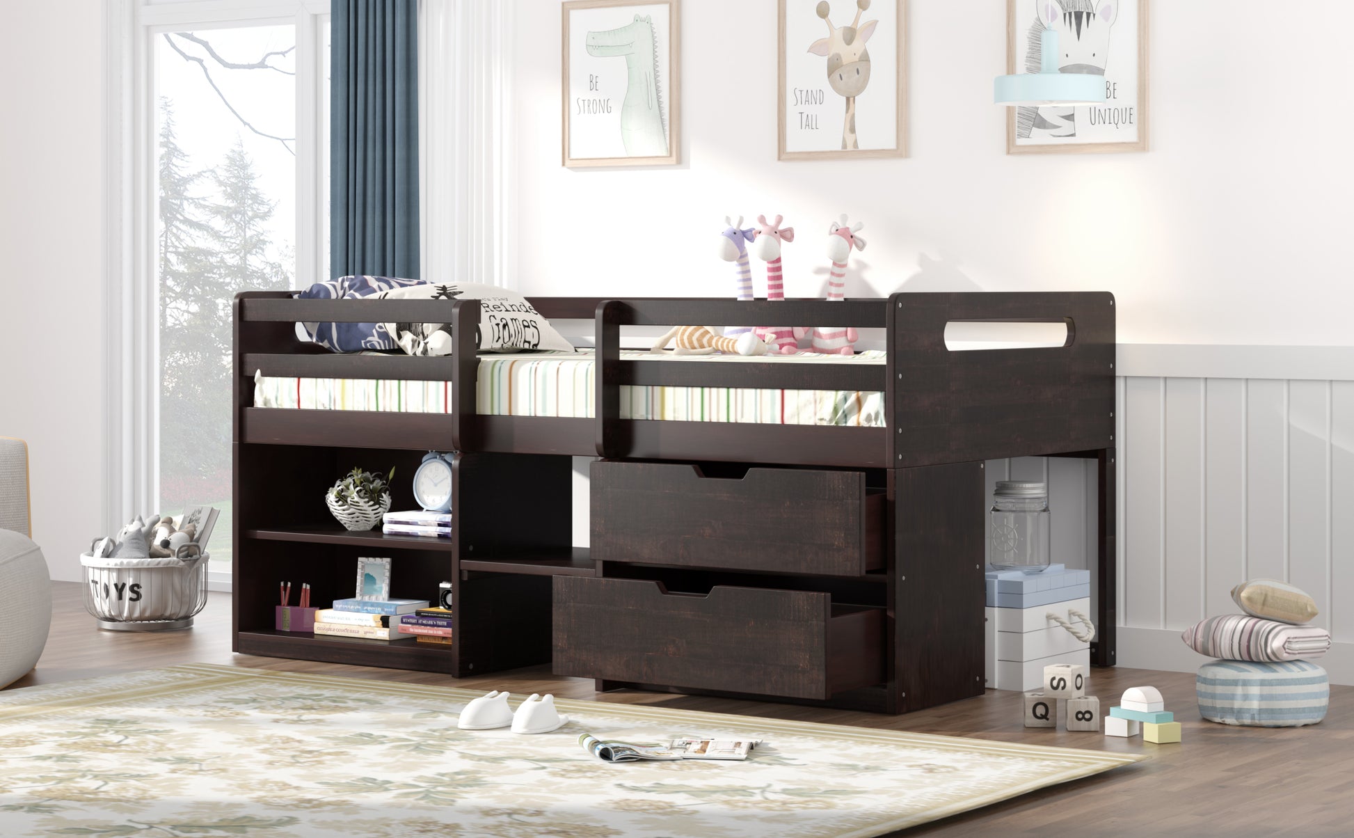Twin Size Loft Bed With Two Shelves And Two Drawers Antique Espresso Antique Espresso Solid Wood